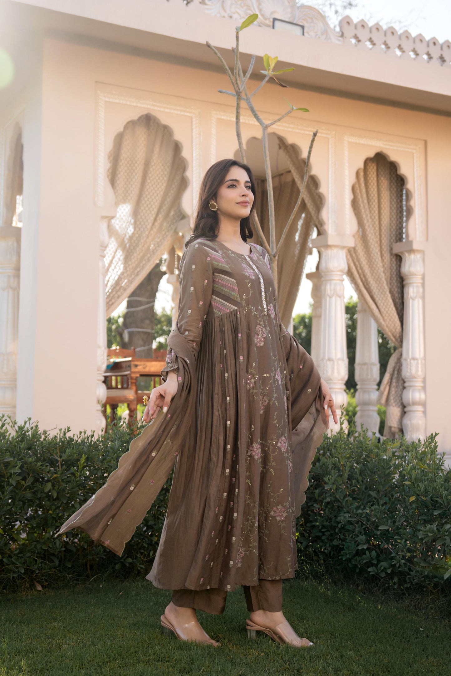 Copper Brown Mul Chanderi Hand Design Embroidered Kurta Set