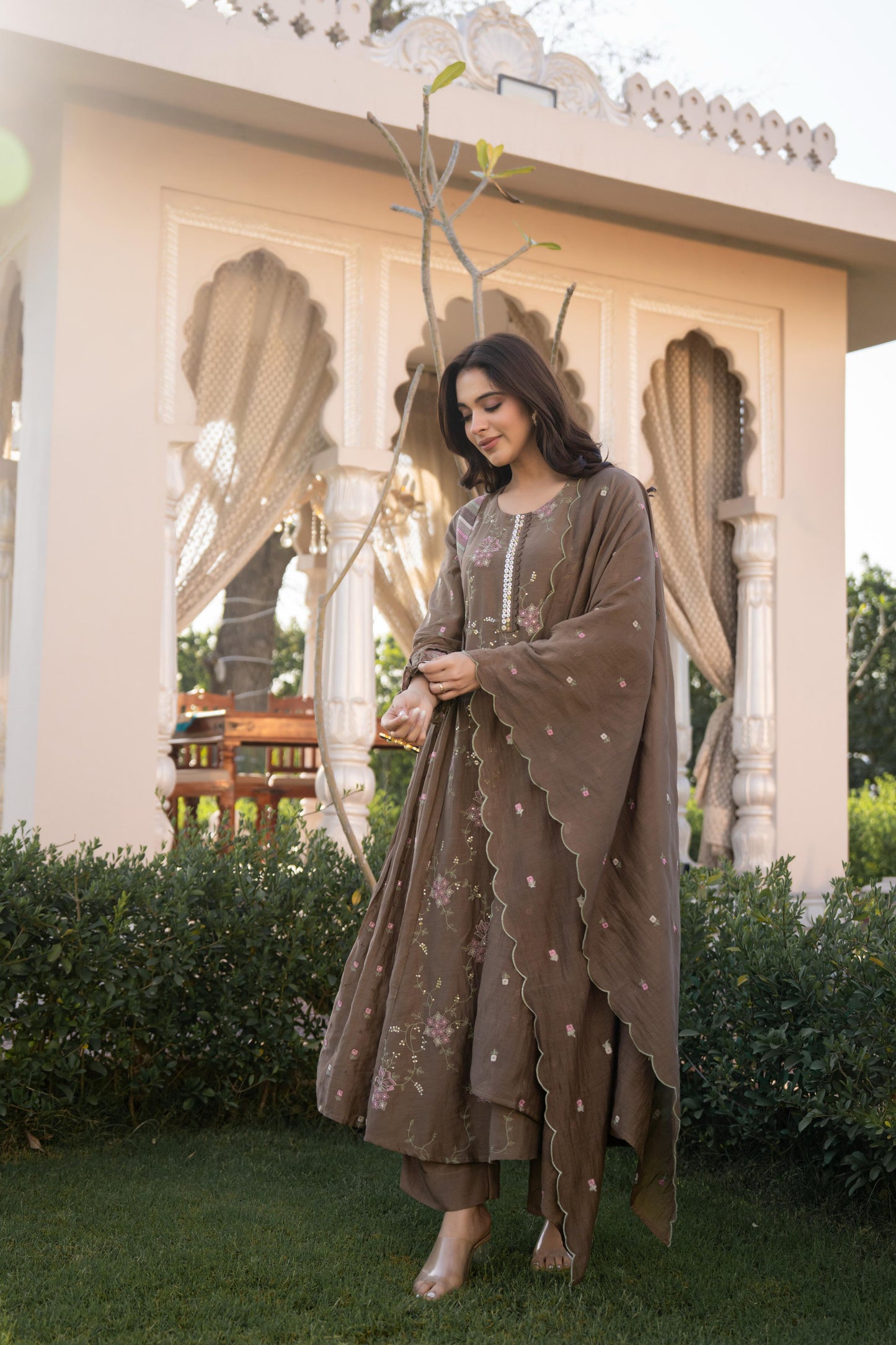 Copper Brown Mul Chanderi Hand Design Embroidered Kurta Set