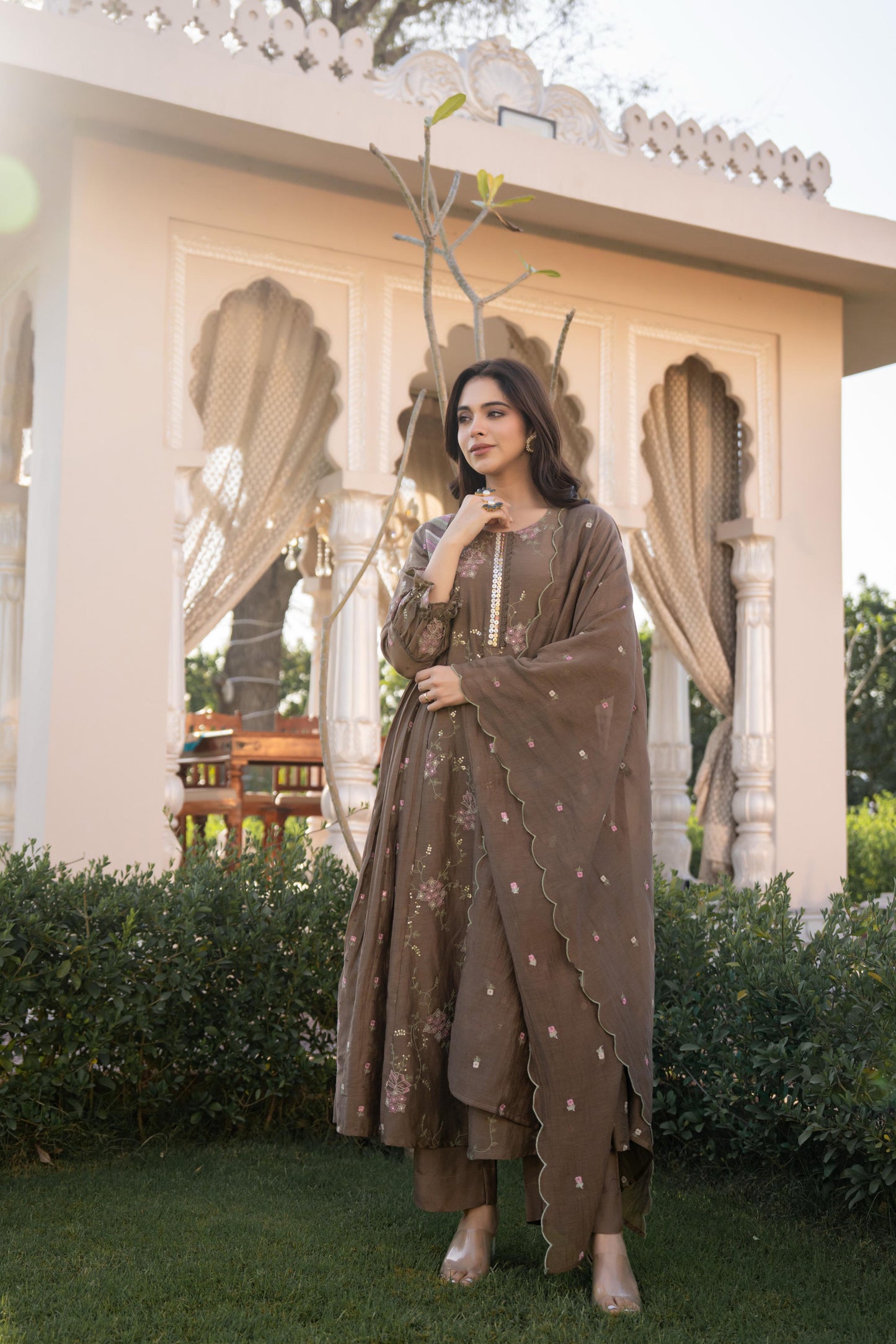 Copper Brown Mul Chanderi Hand Design Embroidered Kurta Set