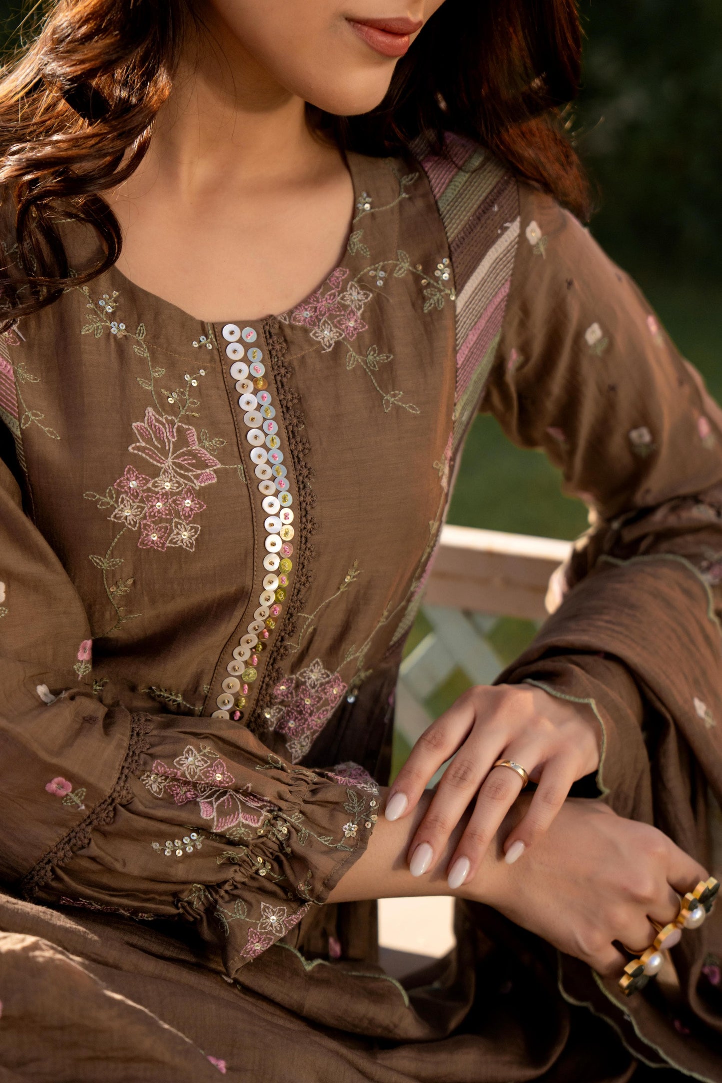 Copper Brown Mul Chanderi Hand Design Embroidered Kurta Set