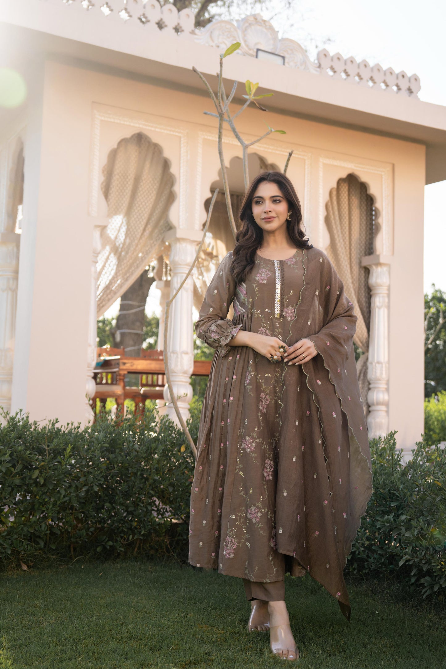 Copper Brown Mul Chanderi Hand Design Embroidered Kurta Set