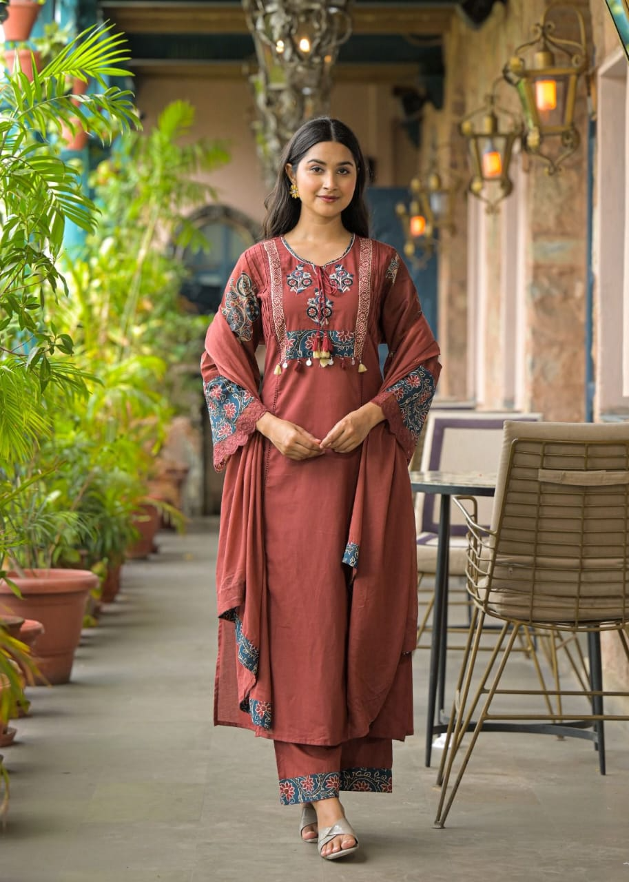 Rust Cotton Embroiderd Kurta Suit Set