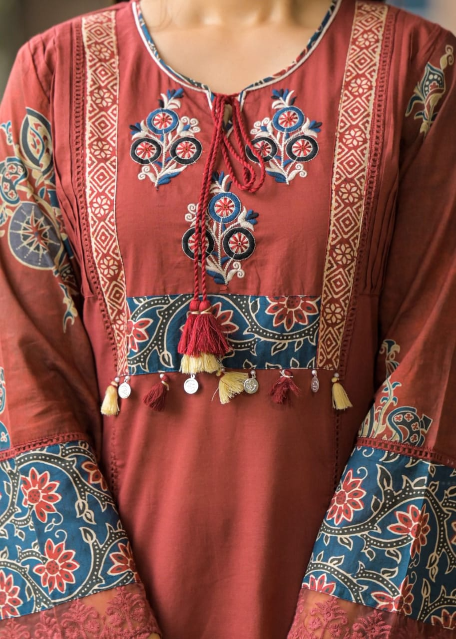 Rust Cotton Embroiderd Kurta Suit Set
