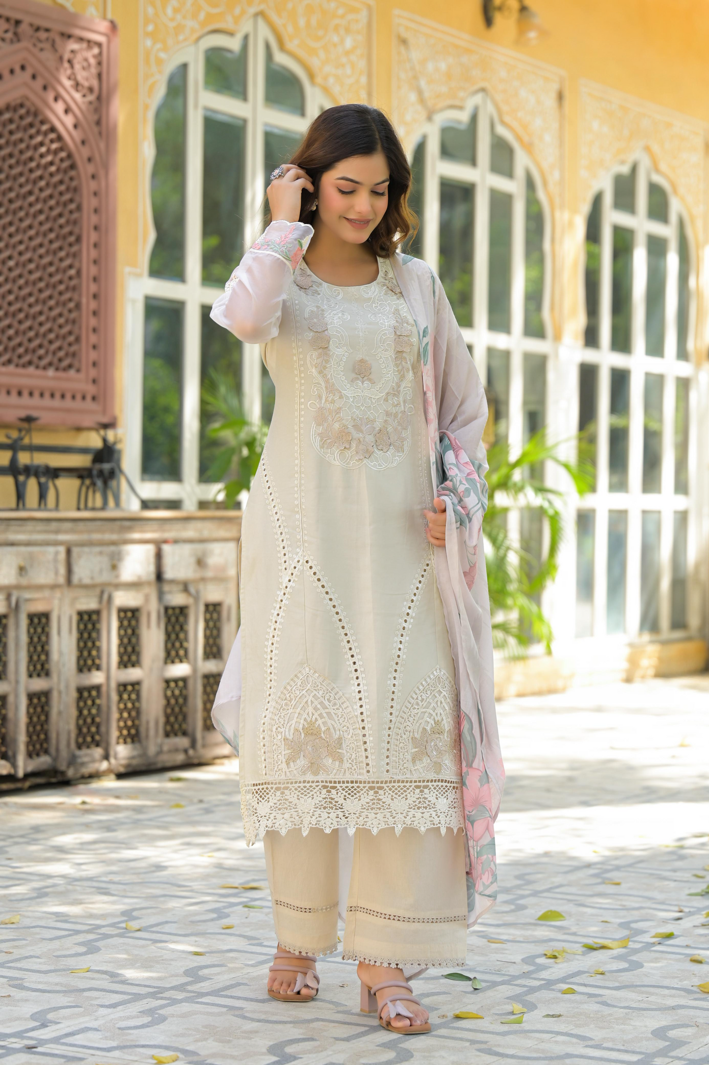 Pastel Yellow Cotton Embroidered Kurta Suit