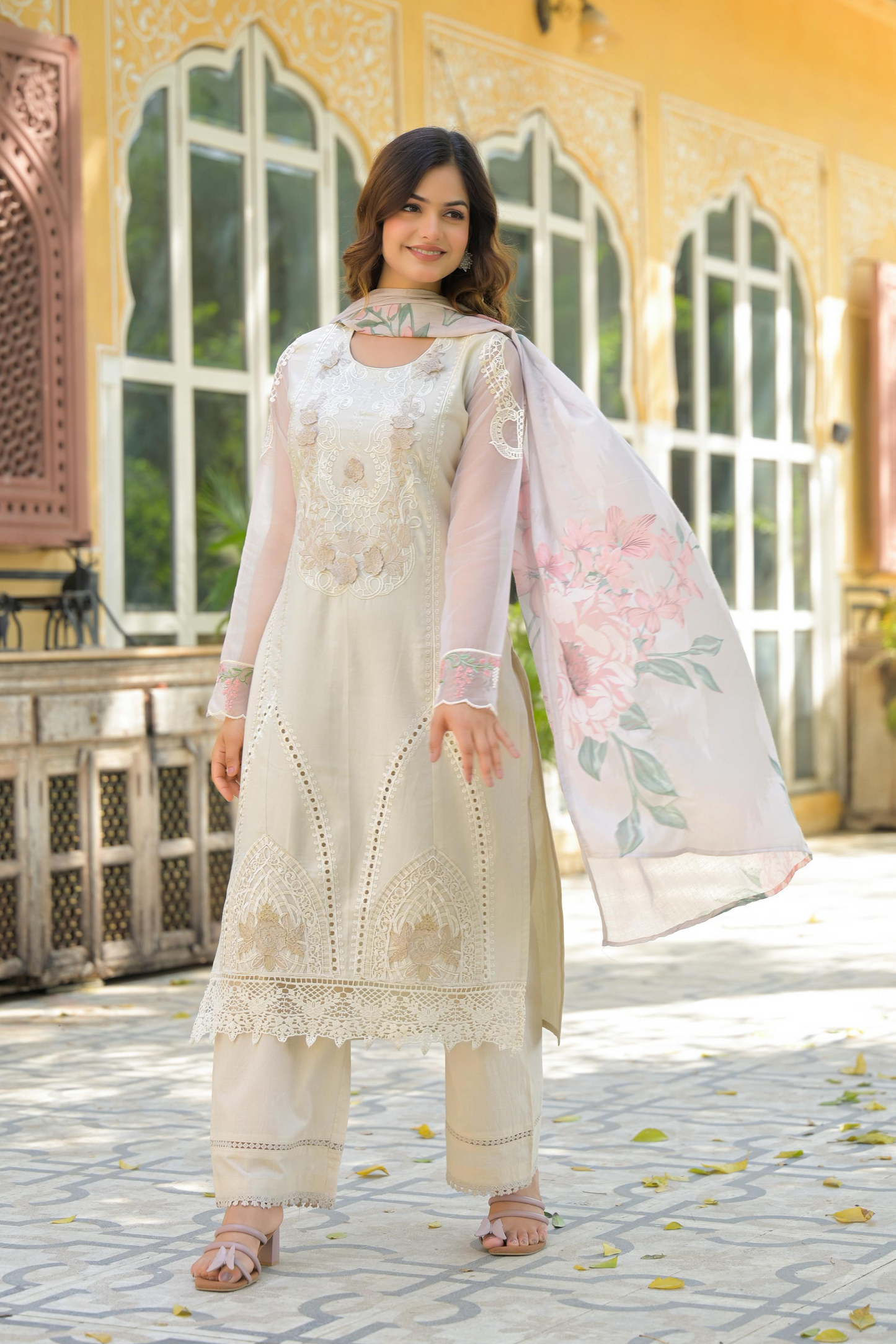 Pastel Yellow Cotton Embroidered Kurta Suit