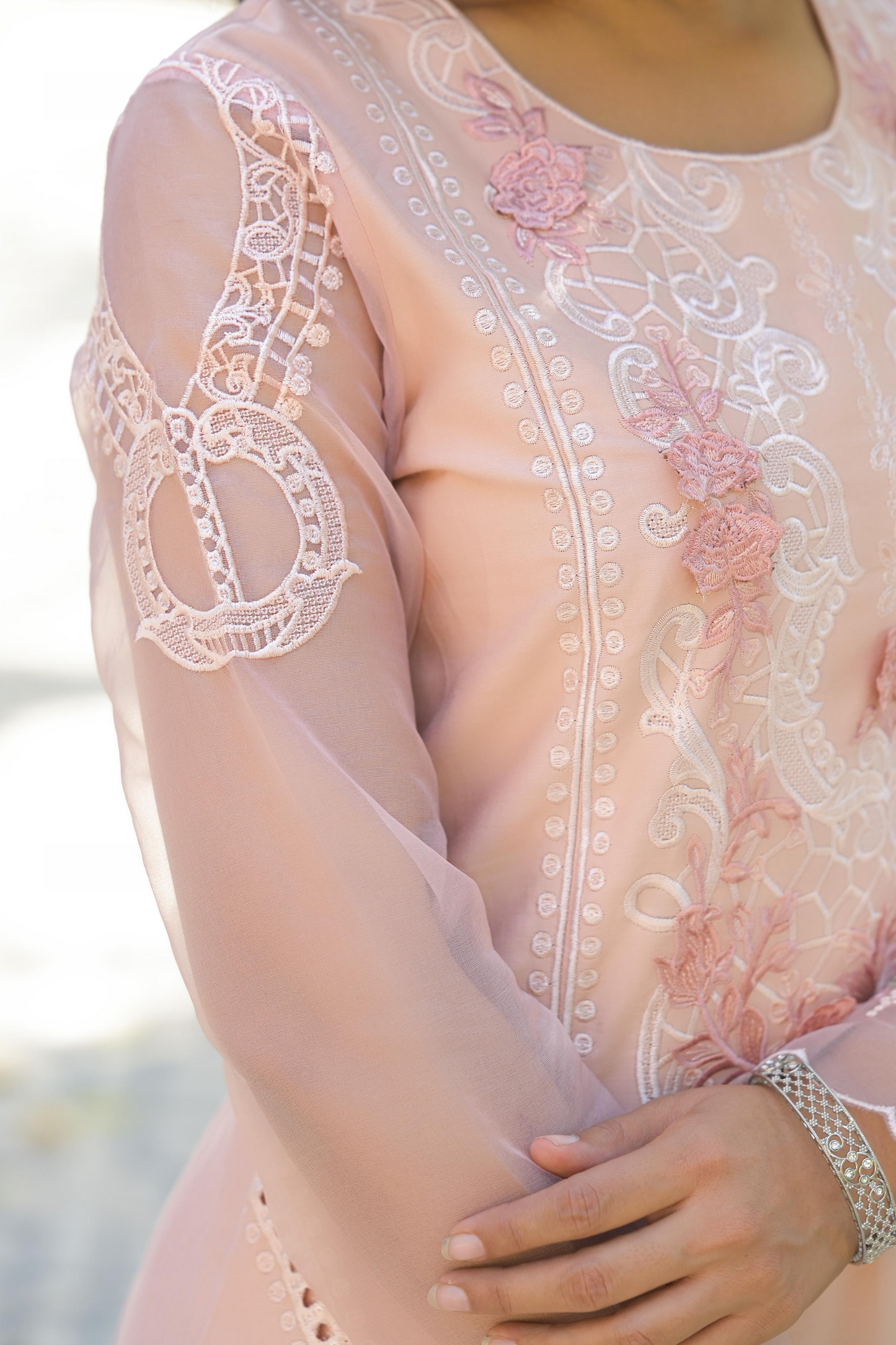 Pastel Peach Cotton Embroidered Kurta Suit With Patch Work