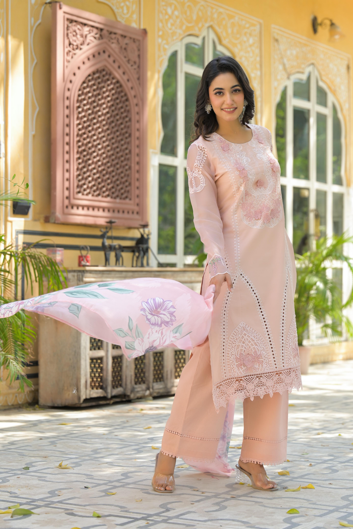 Pastel Peach Cotton Embroidered Kurta Suit With Patch Work