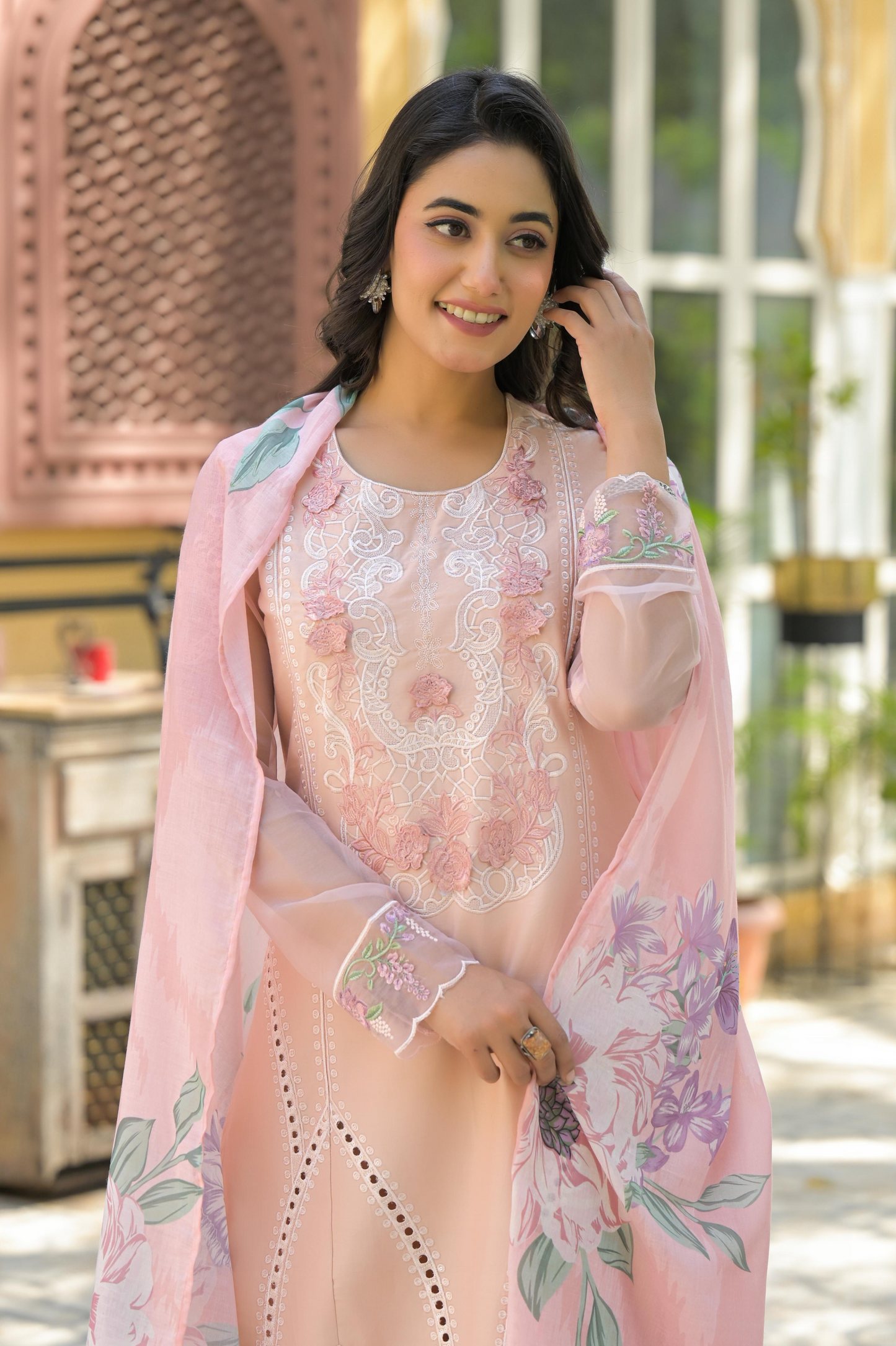 Pastel Peach Cotton Embroidered Kurta Suit With Patch Work