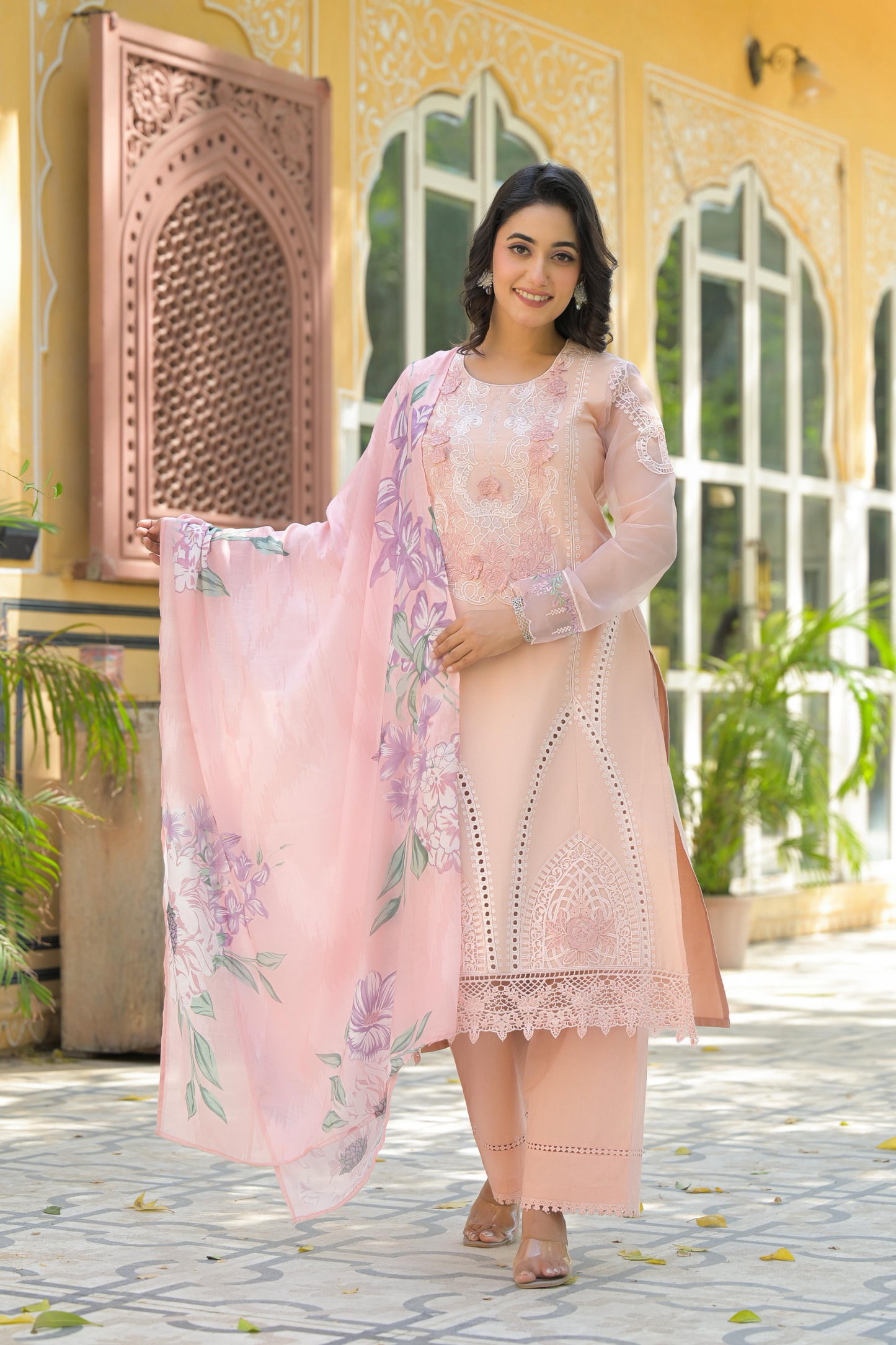 Pastel Peach Cotton Embroidered Kurta Suit With Patch Work