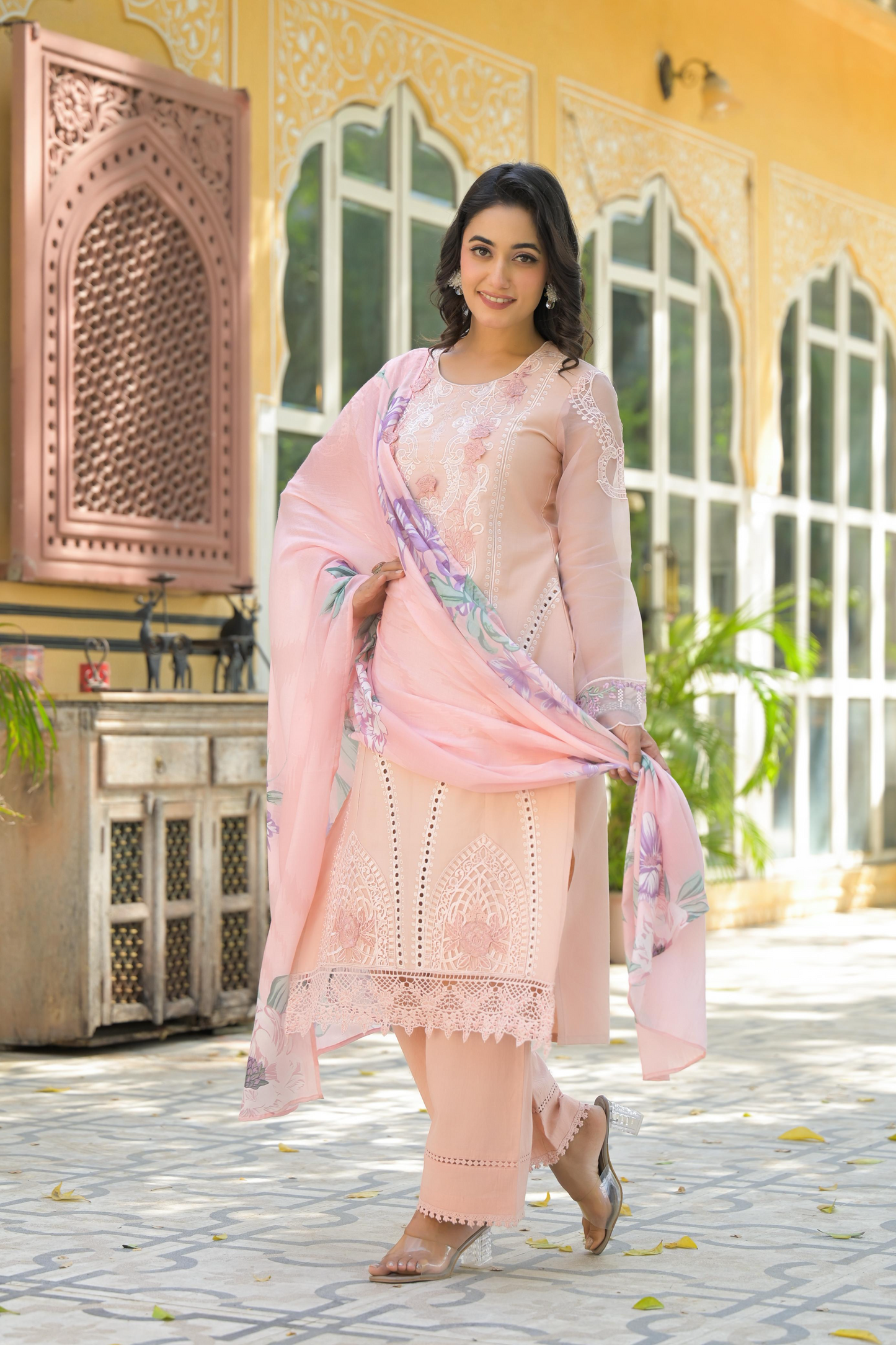 Pastel Peach Cotton Embroidered Kurta Suit With Patch Work