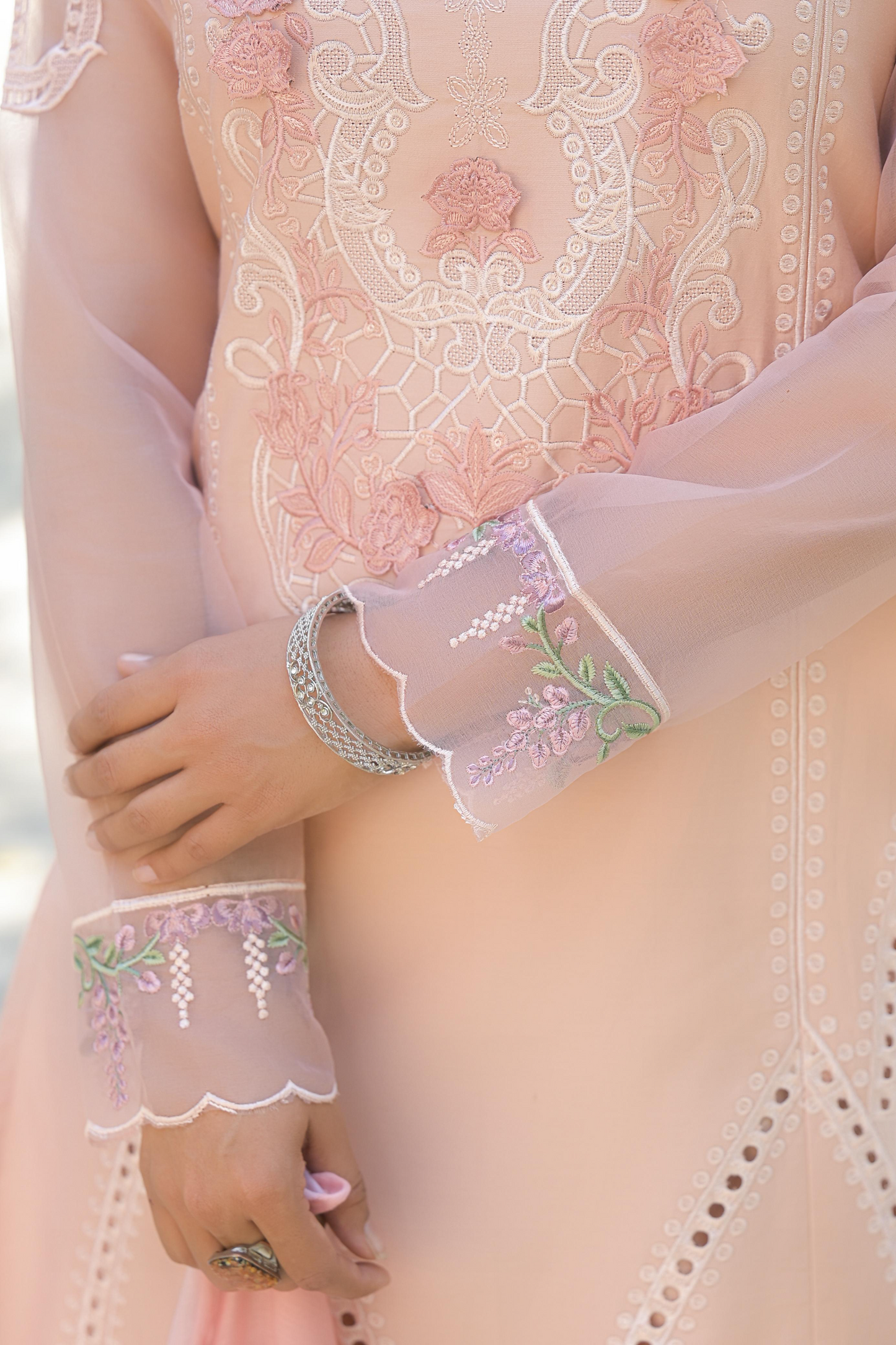 Pastel Peach Cotton Embroidered Kurta Suit With Patch Work