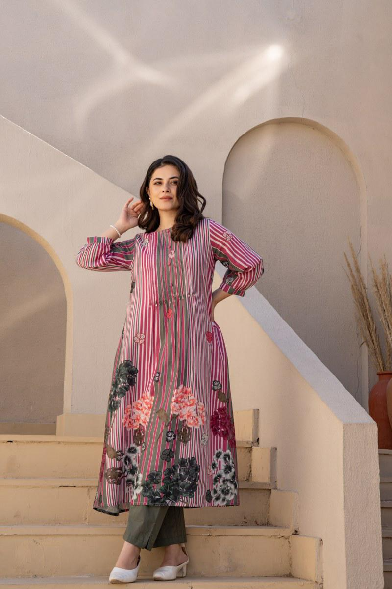 Multi Colored Cotton Printed Kurta Pant Set