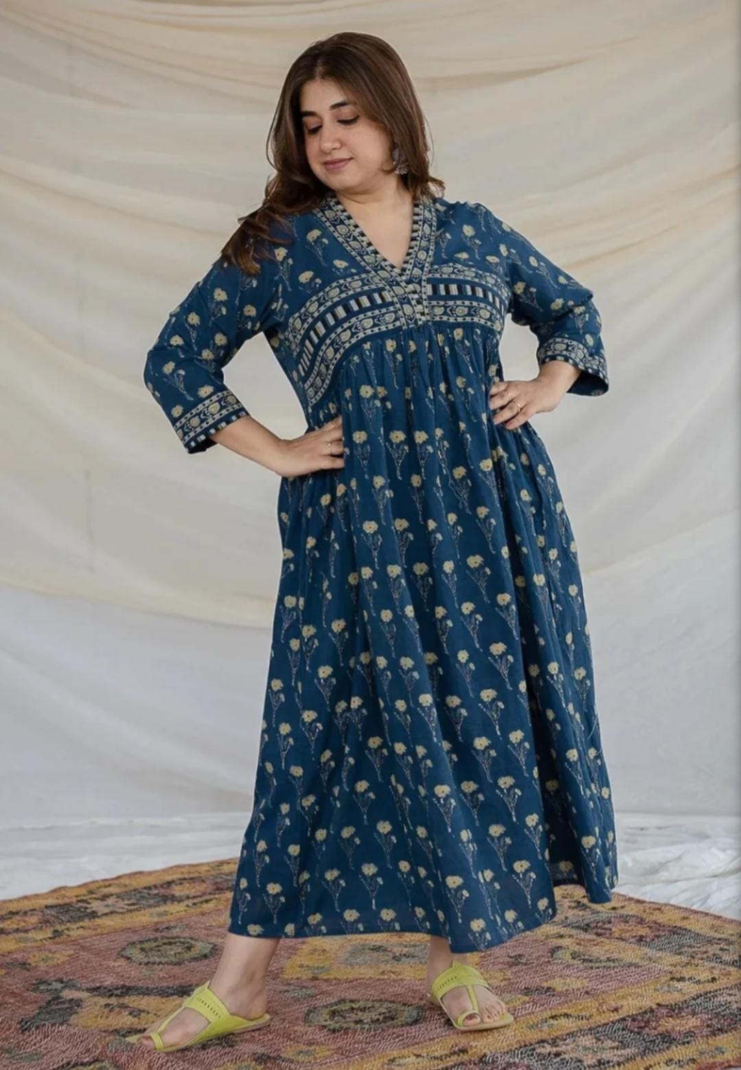 Peacock Blue Block Printed Maxi Dress