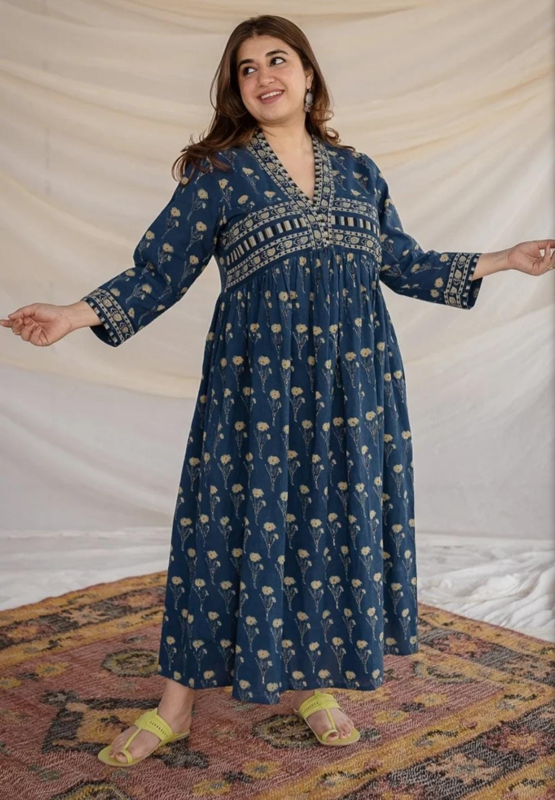 Peacock Blue Block Printed Maxi Dress