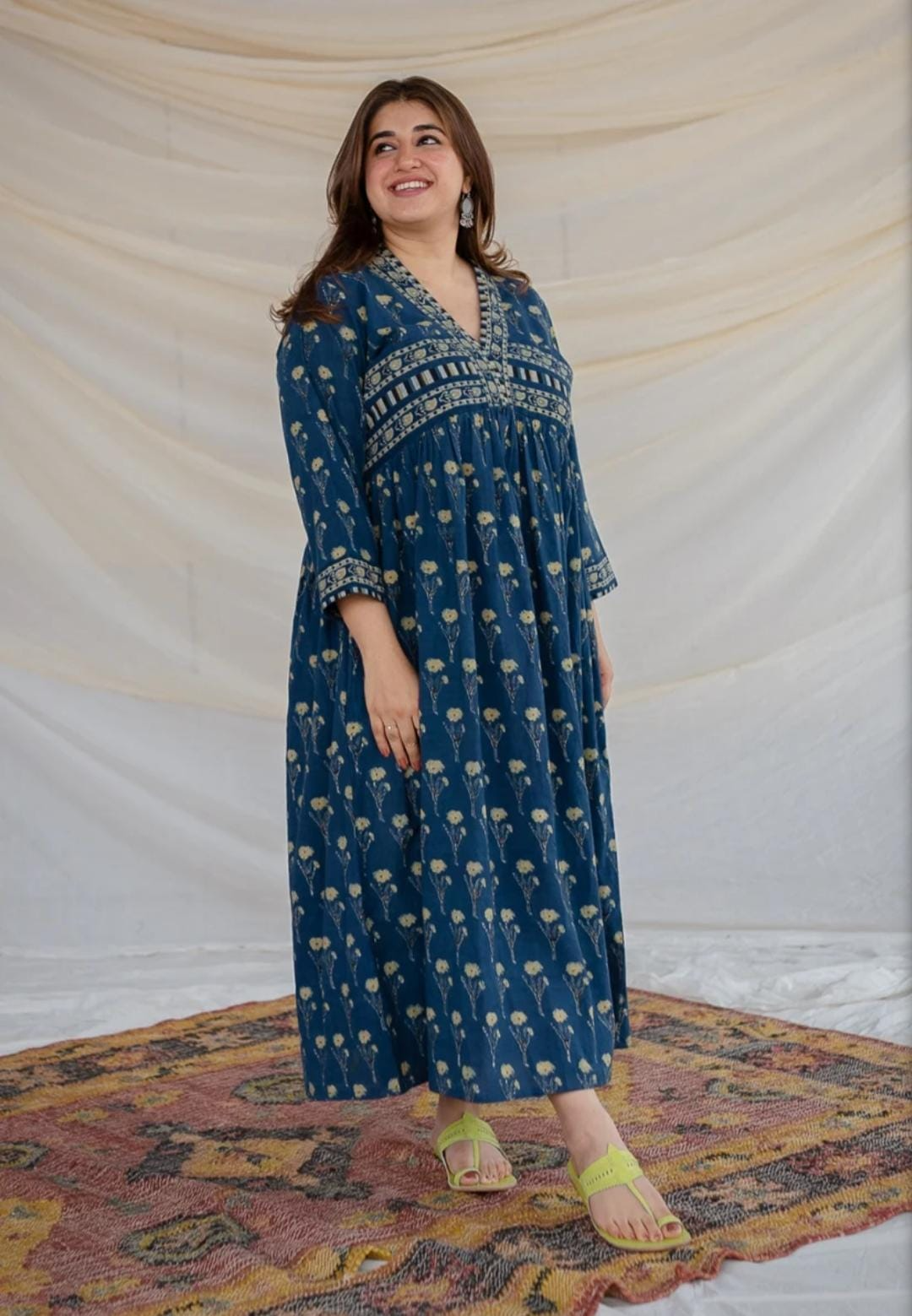 Peacock Blue Block Printed Maxi Dress