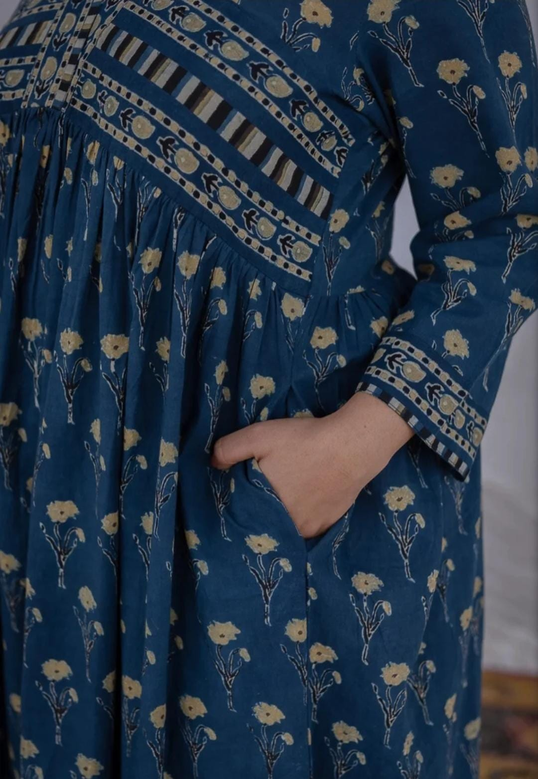 Peacock Blue Block Printed Maxi Dress