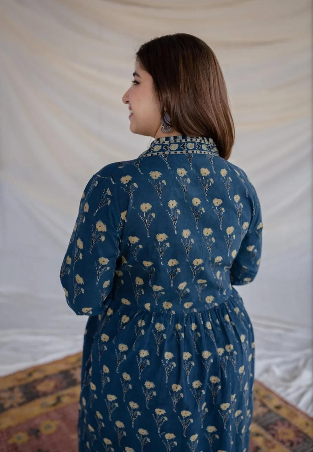 Peacock Blue Block Printed Maxi Dress