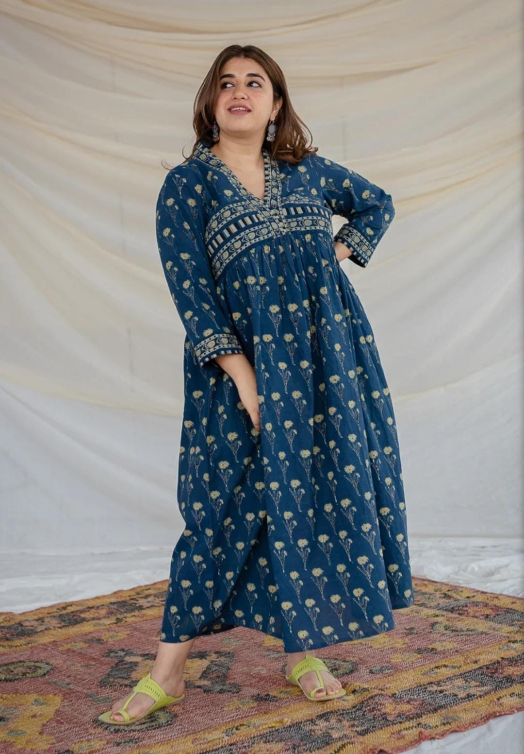 Peacock Blue Block Printed Maxi Dress