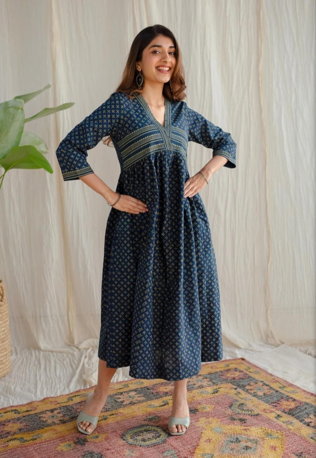 Darkk Blue Cotton Block Printed Maxi Dress