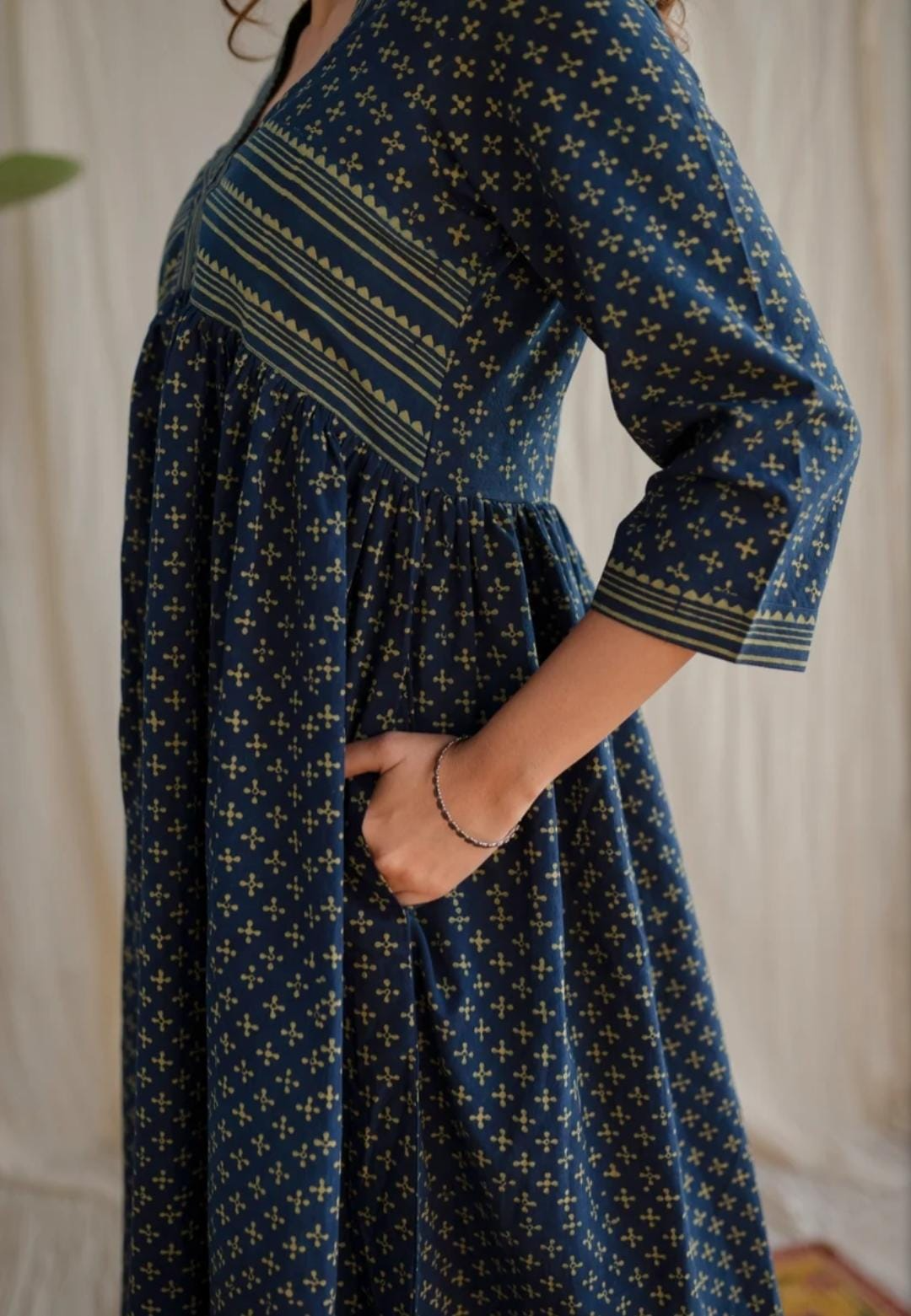 Darkk Blue Cotton Block Printed Maxi Dress