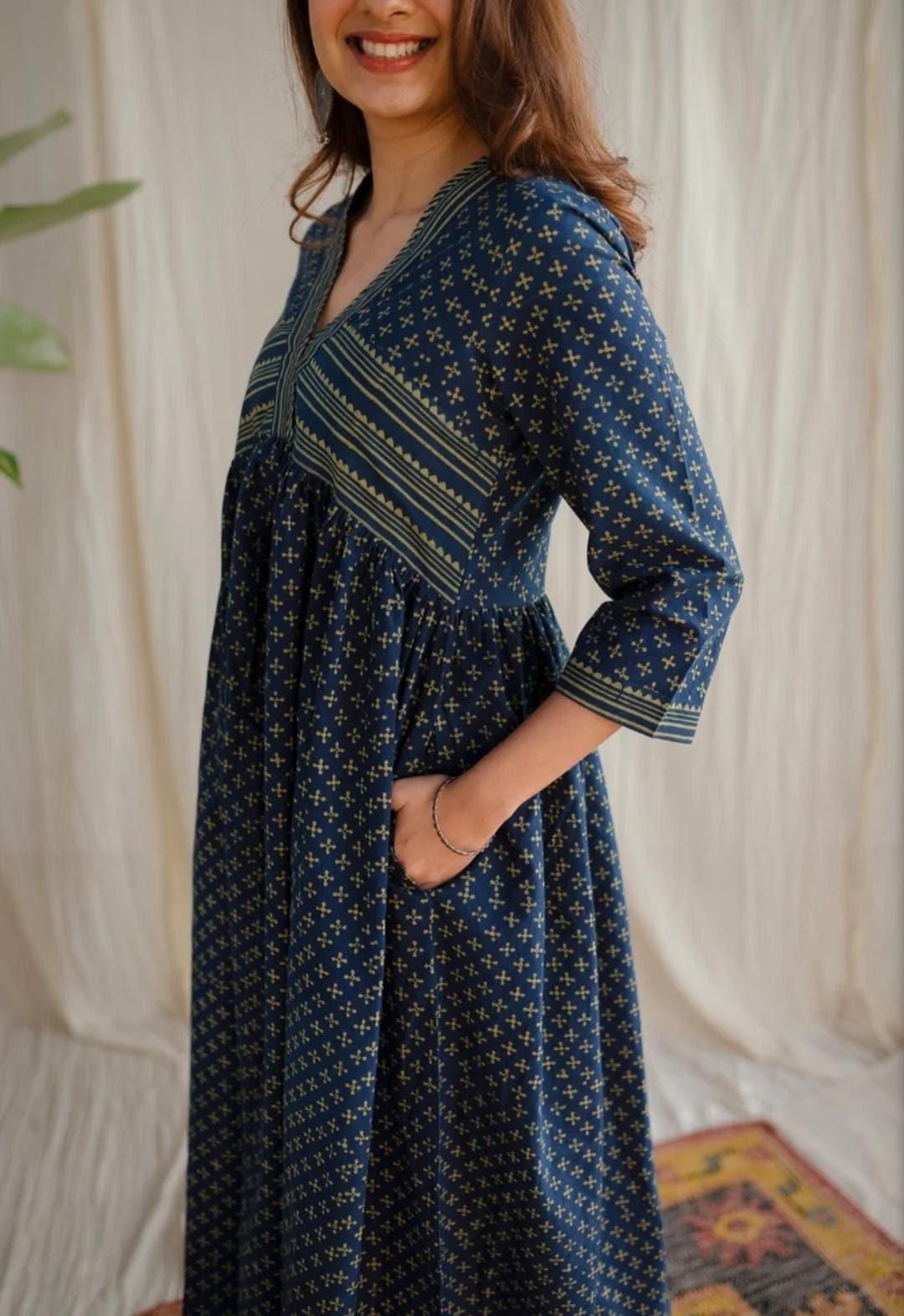 Darkk Blue Cotton Block Printed Maxi Dress