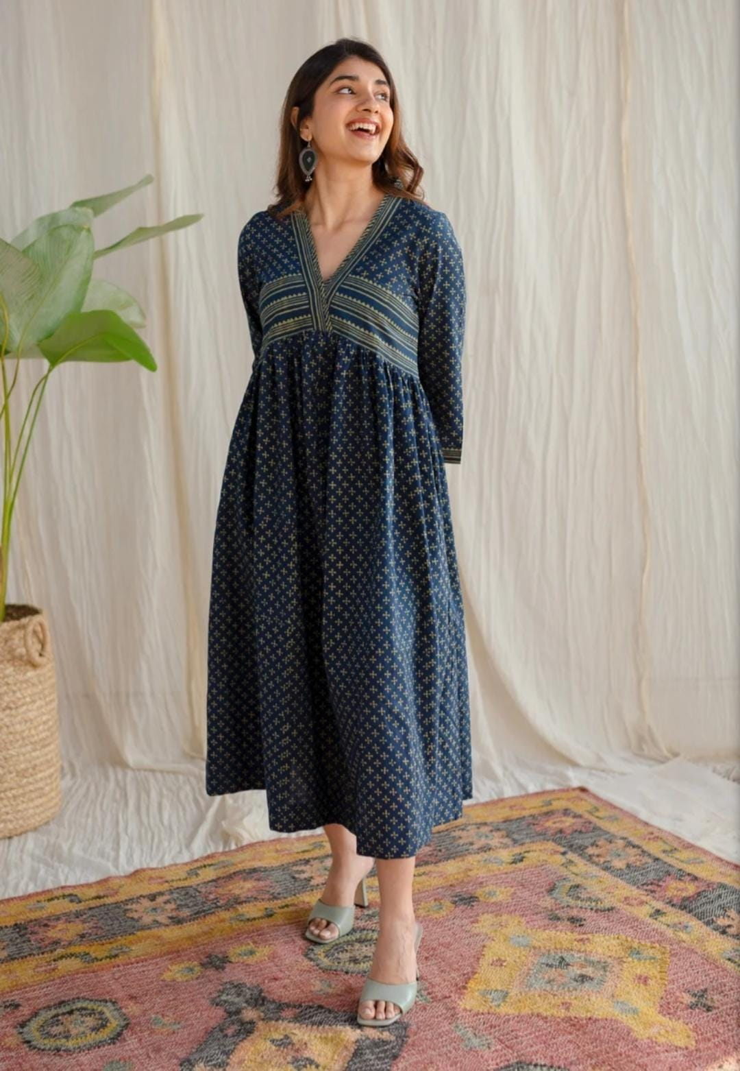 Darkk Blue Cotton Block Printed Maxi Dress