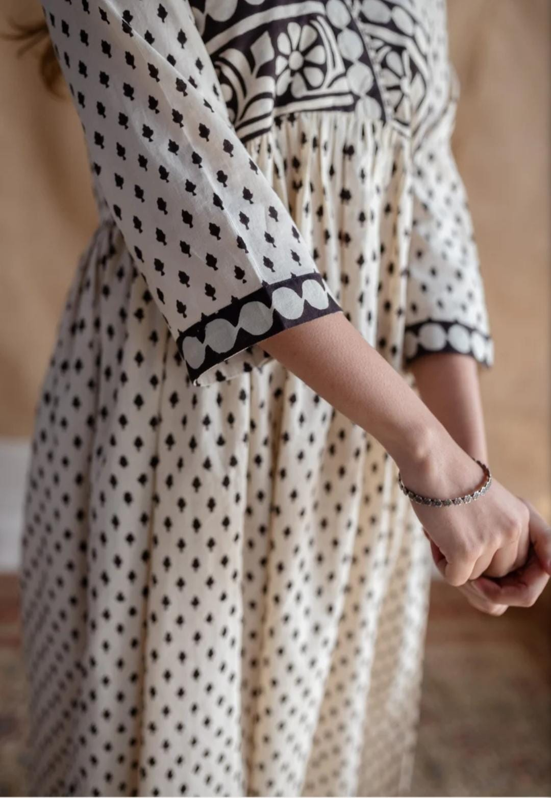 White Cotton Block Printed Maxi Dress