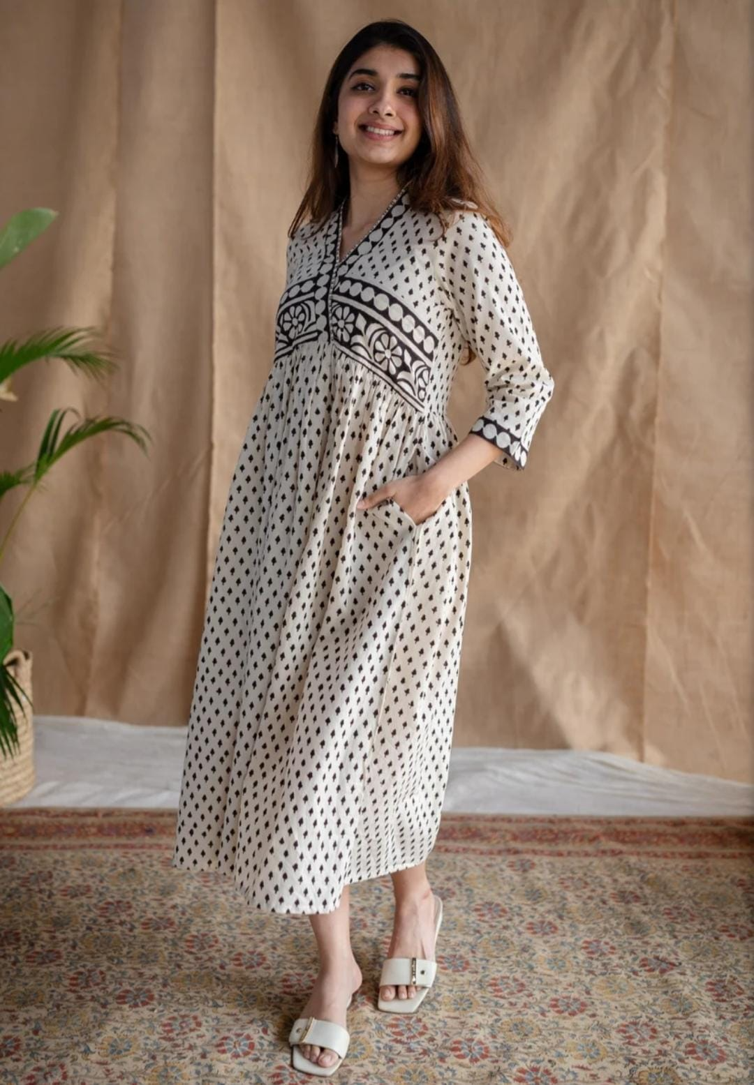 White Cotton Block Printed Maxi Dress
