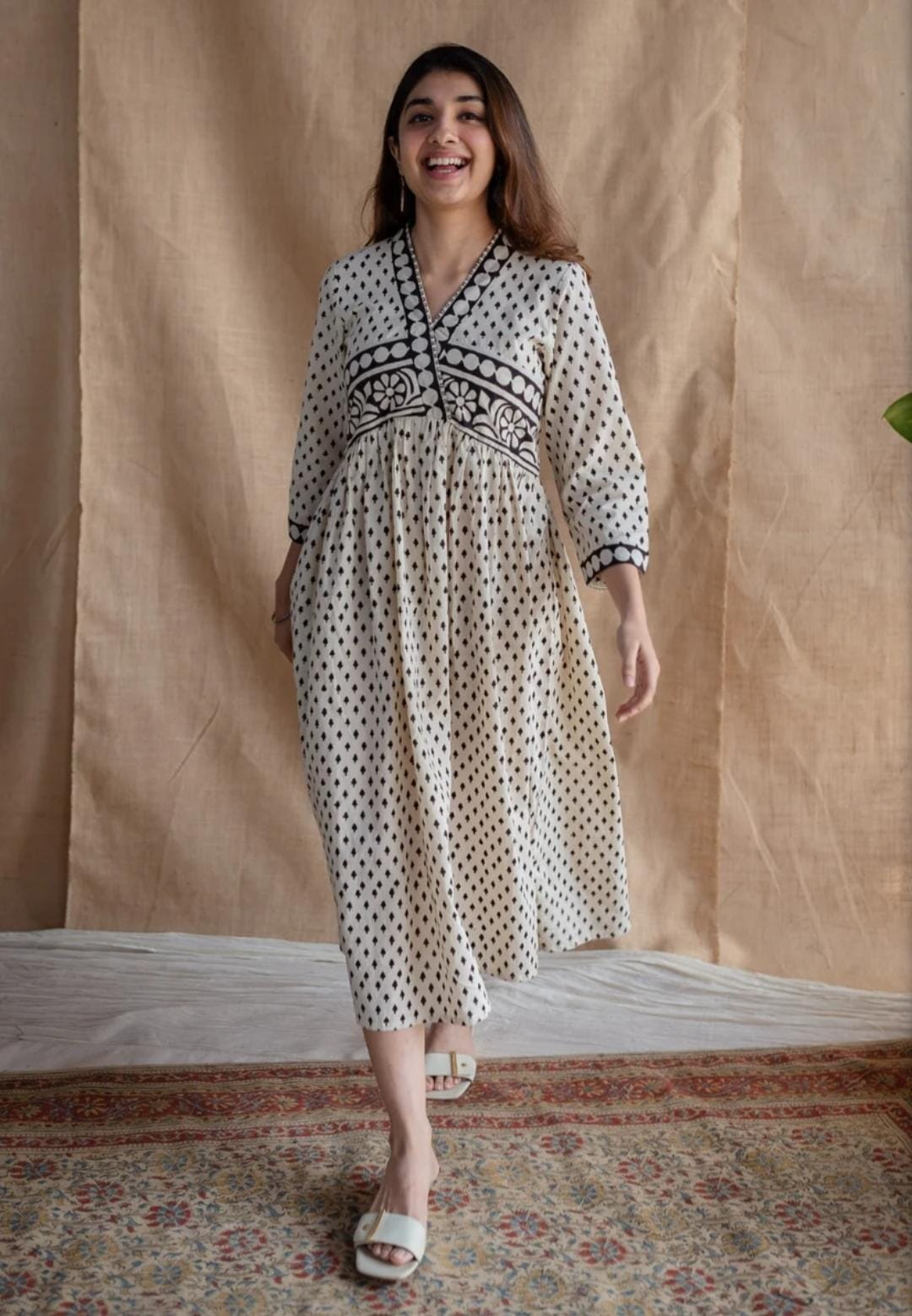 White Cotton Block Printed Maxi Dress