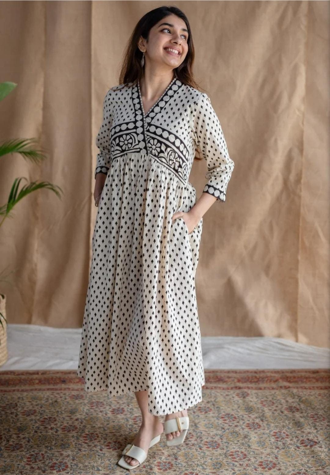 White Cotton Block Printed Maxi Dress