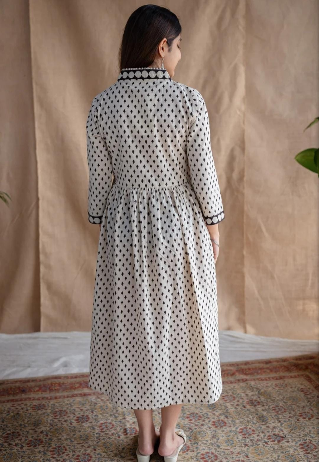 White Cotton Block Printed Maxi Dress