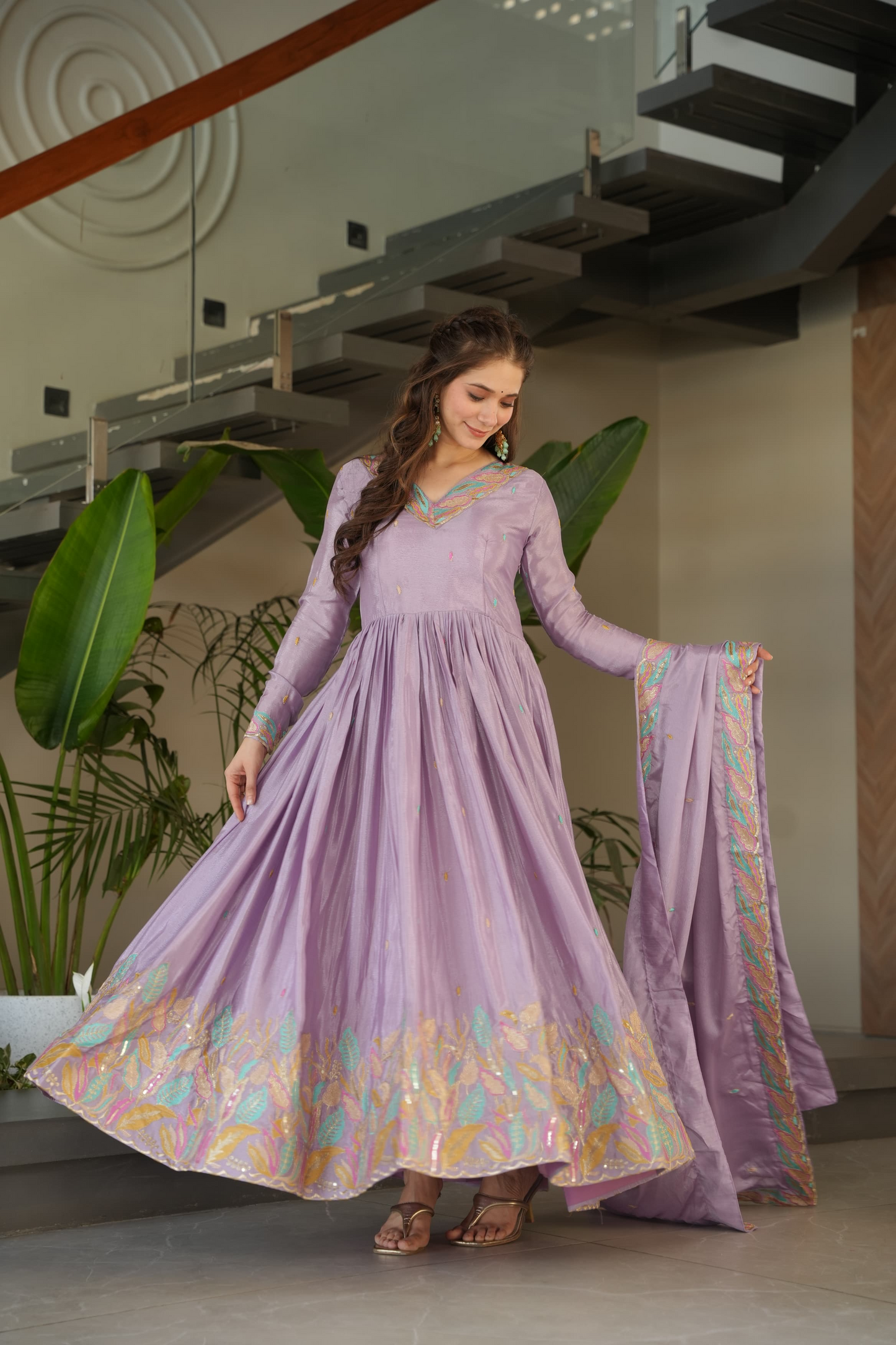 Lavender Chinnon Thread Embroidered Gown (Set of 2)