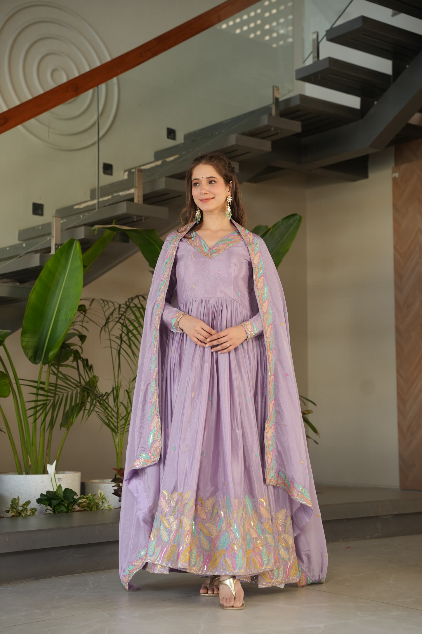 Lavender Chinnon Thread Embroidered Gown (Set of 2)