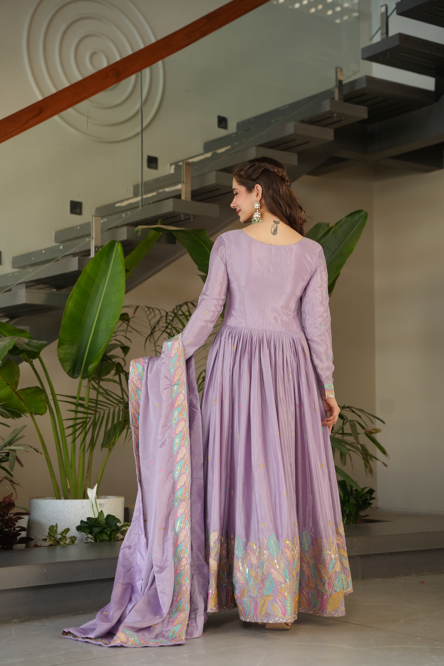 Lavender Chinnon Thread Embroidered Gown (Set of 2)