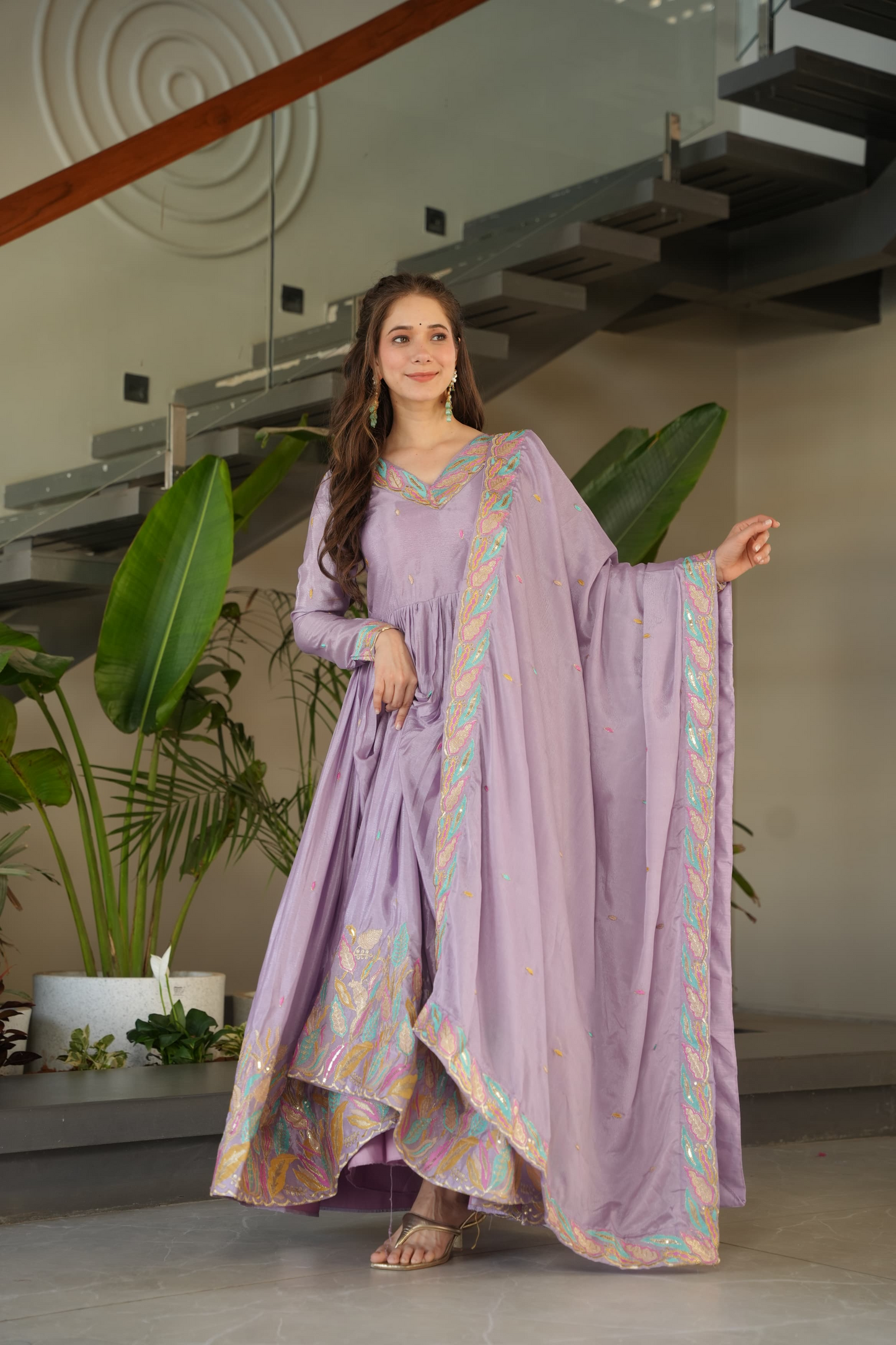 Lavender Chinnon Thread Embroidered Gown (Set of 2)