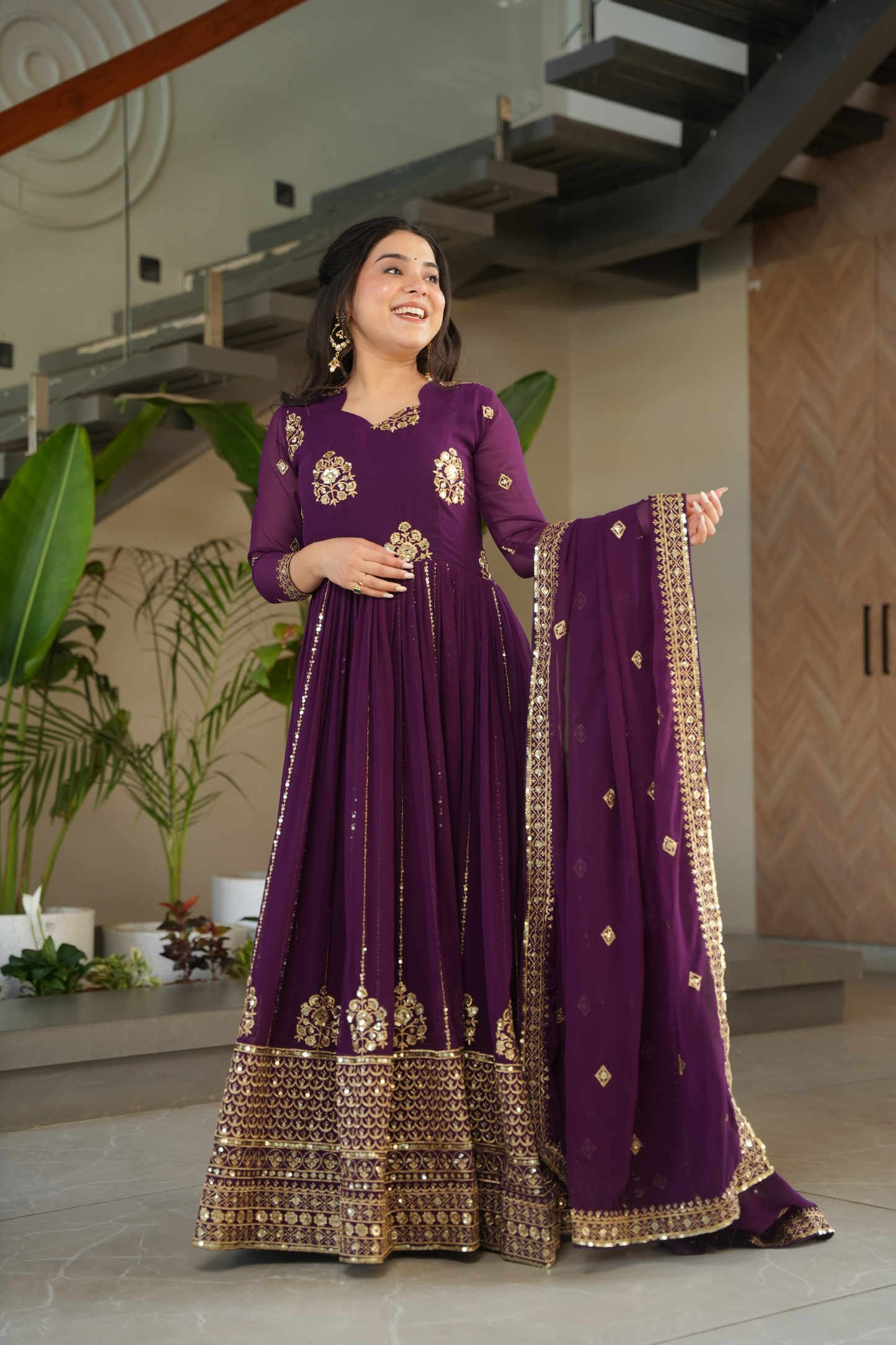 Purple Blooming Embroidered Gown