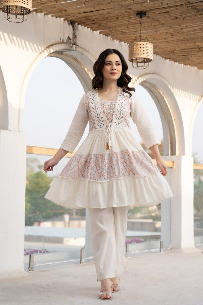 White Cotton Flowy Kurta With Pant