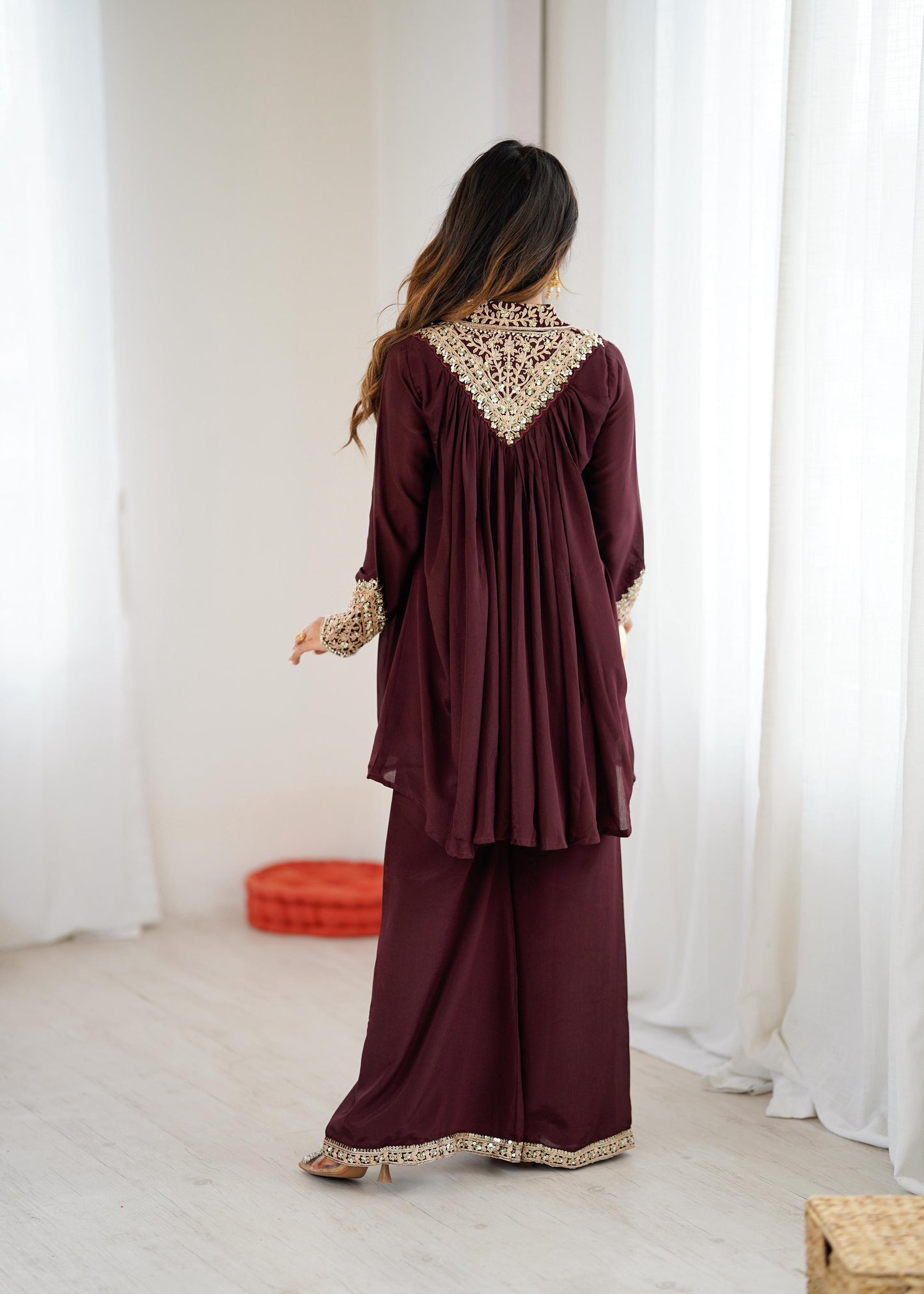 Mehroon Chinon Sequence Embroidered Kurta Plazzo Set