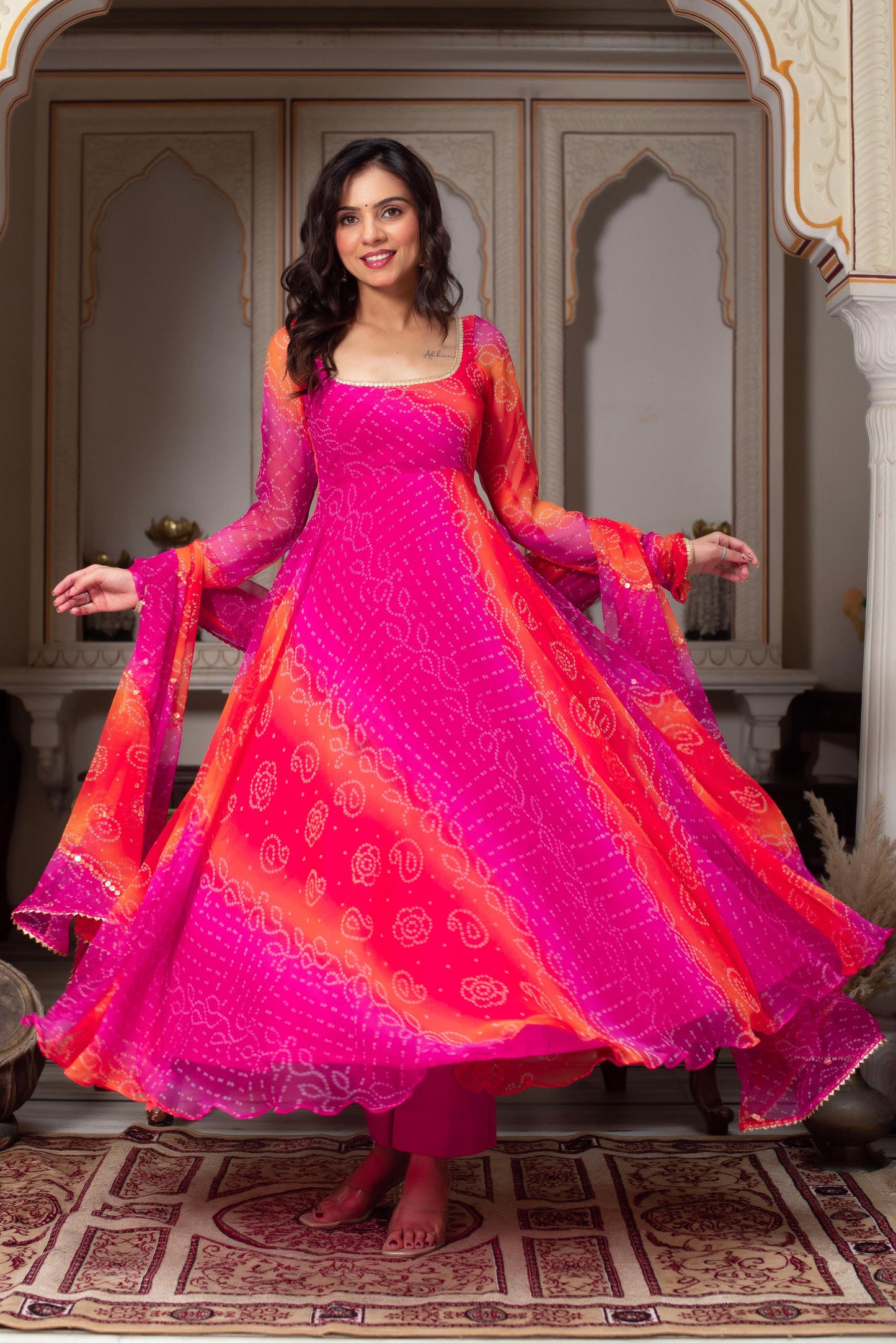 Ombre Pink & Orange Bandhej Anarkali Suit