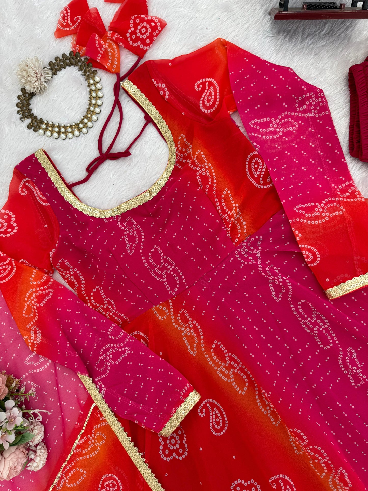 Ombre Pink & Orange Bandhej Anarkali Suit