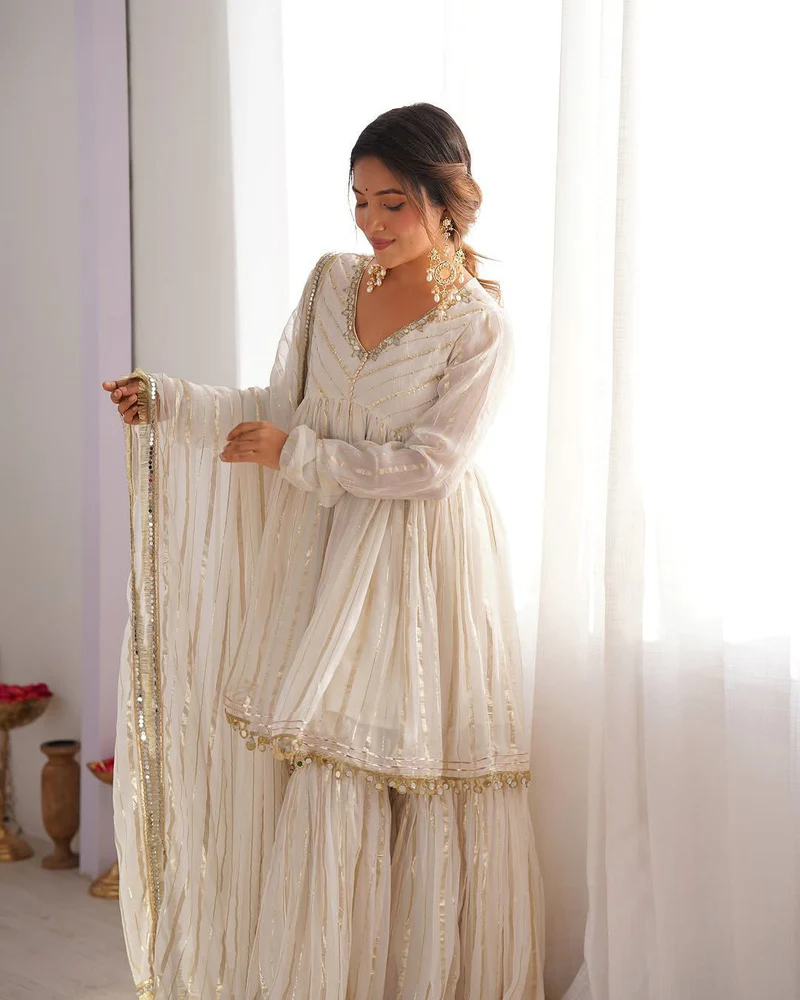 Off White Mul Chanderi Sharara Suit Set