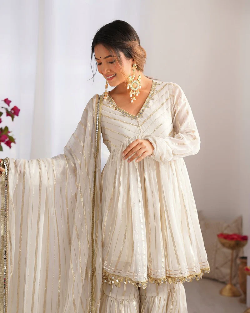 Off White Mul Chanderi Sharara Suit Set