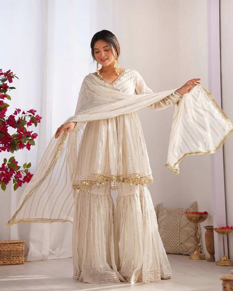Off White Mul Chanderi Sharara Suit Set