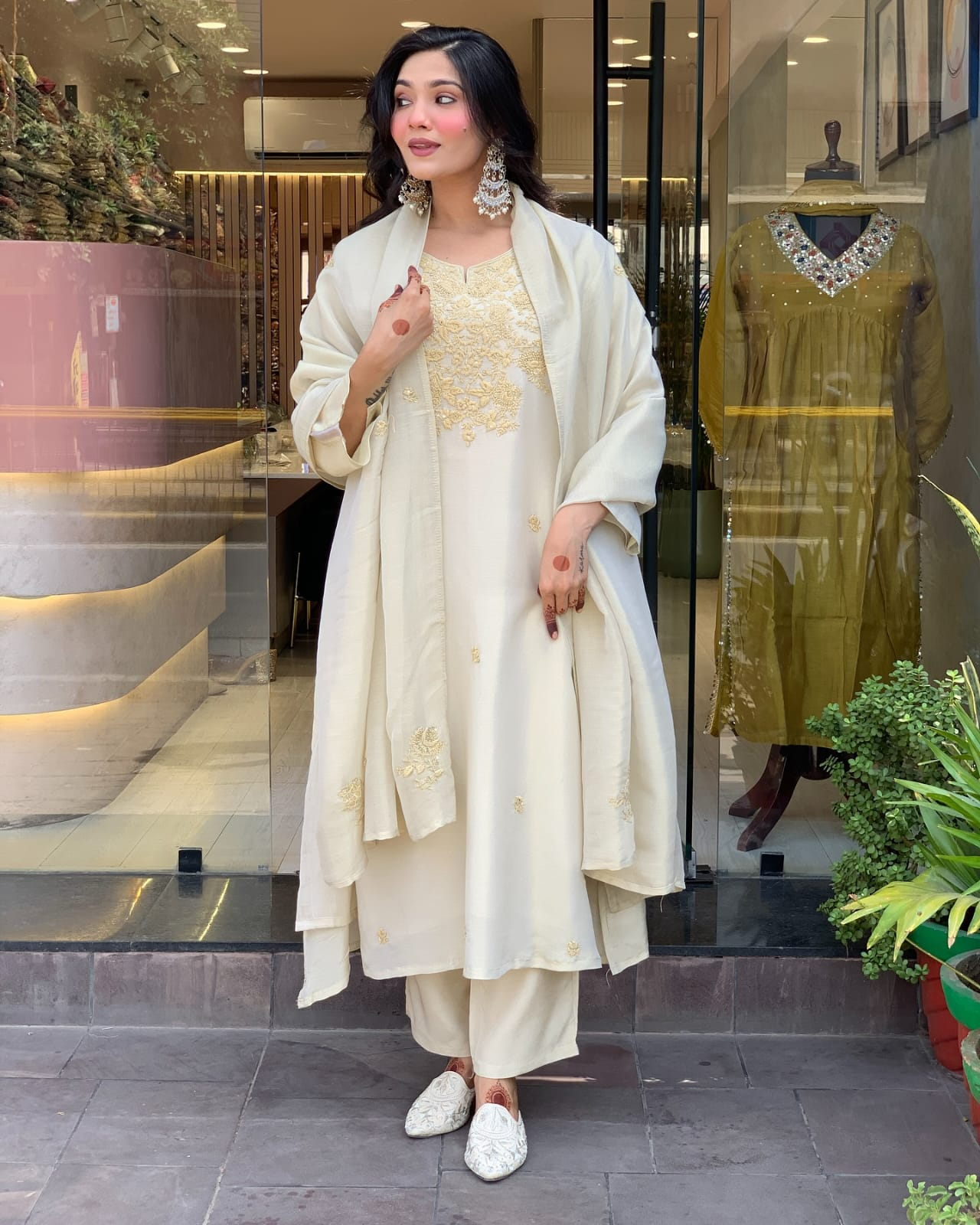 Off White Chanderi Silk Embroidered Suit Set