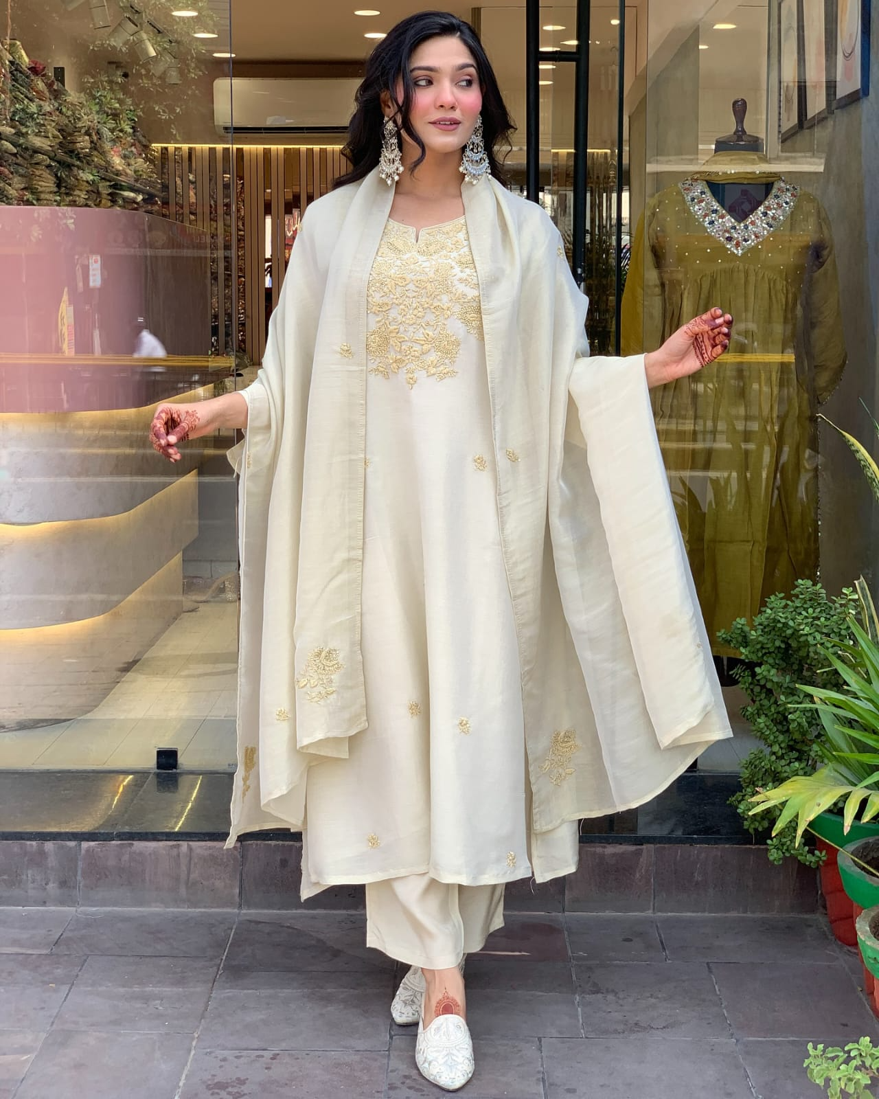 Off White Chanderi Silk Embroidered Suit Set