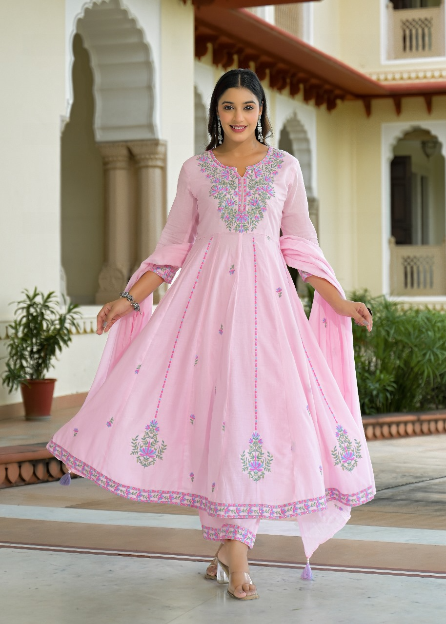Mul Cotton Baby Pink Embroidered Anarkali Suit
