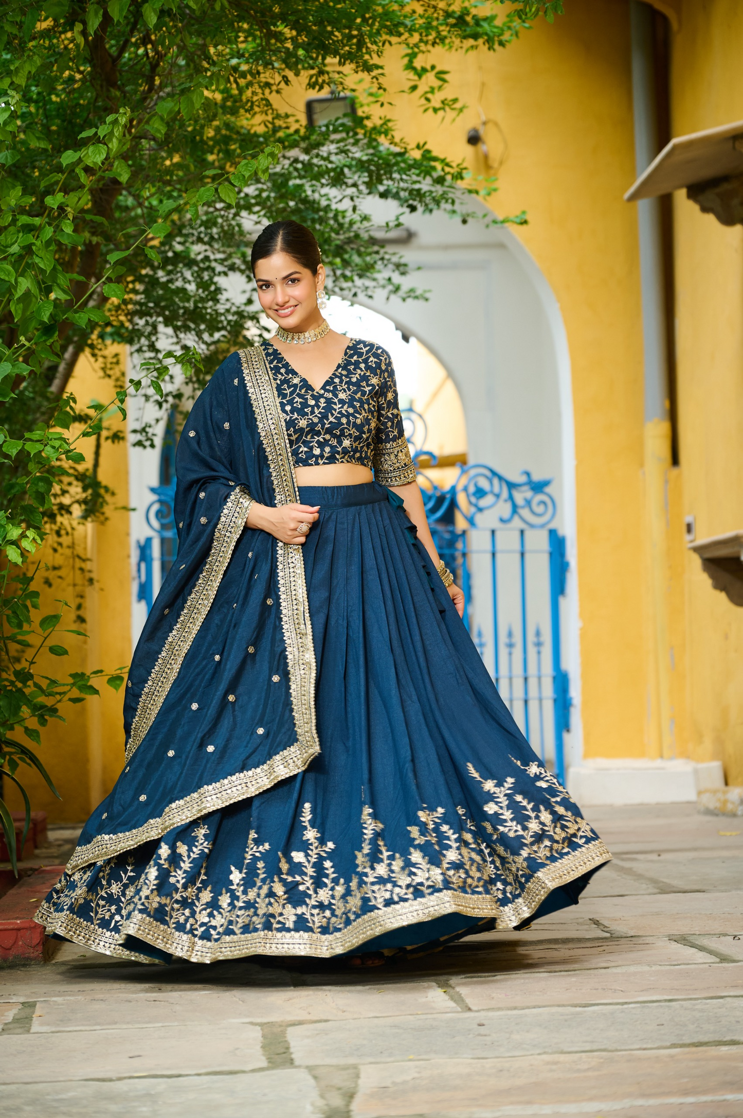 Vichitra Silk Sequins Embroidered Lehenga- Semi Stitched