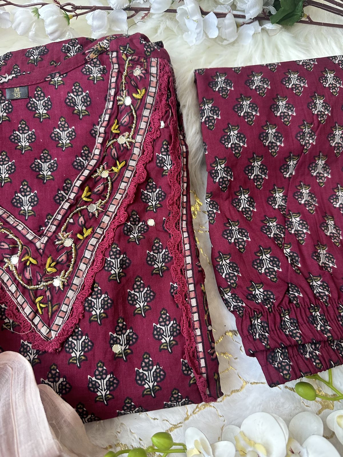 Cotton Dabu Printed & Embroidered Kurta Pant & Dupatta Set (2 Colors)