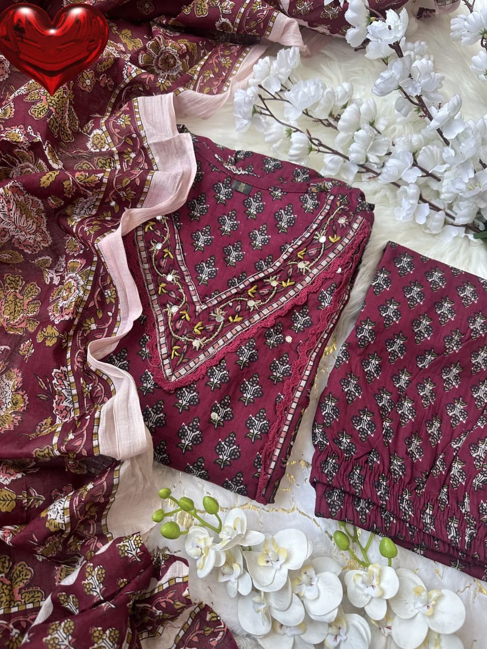 Cotton Dabu Printed & Embroidered Kurta Pant & Dupatta Set (2 Colors)