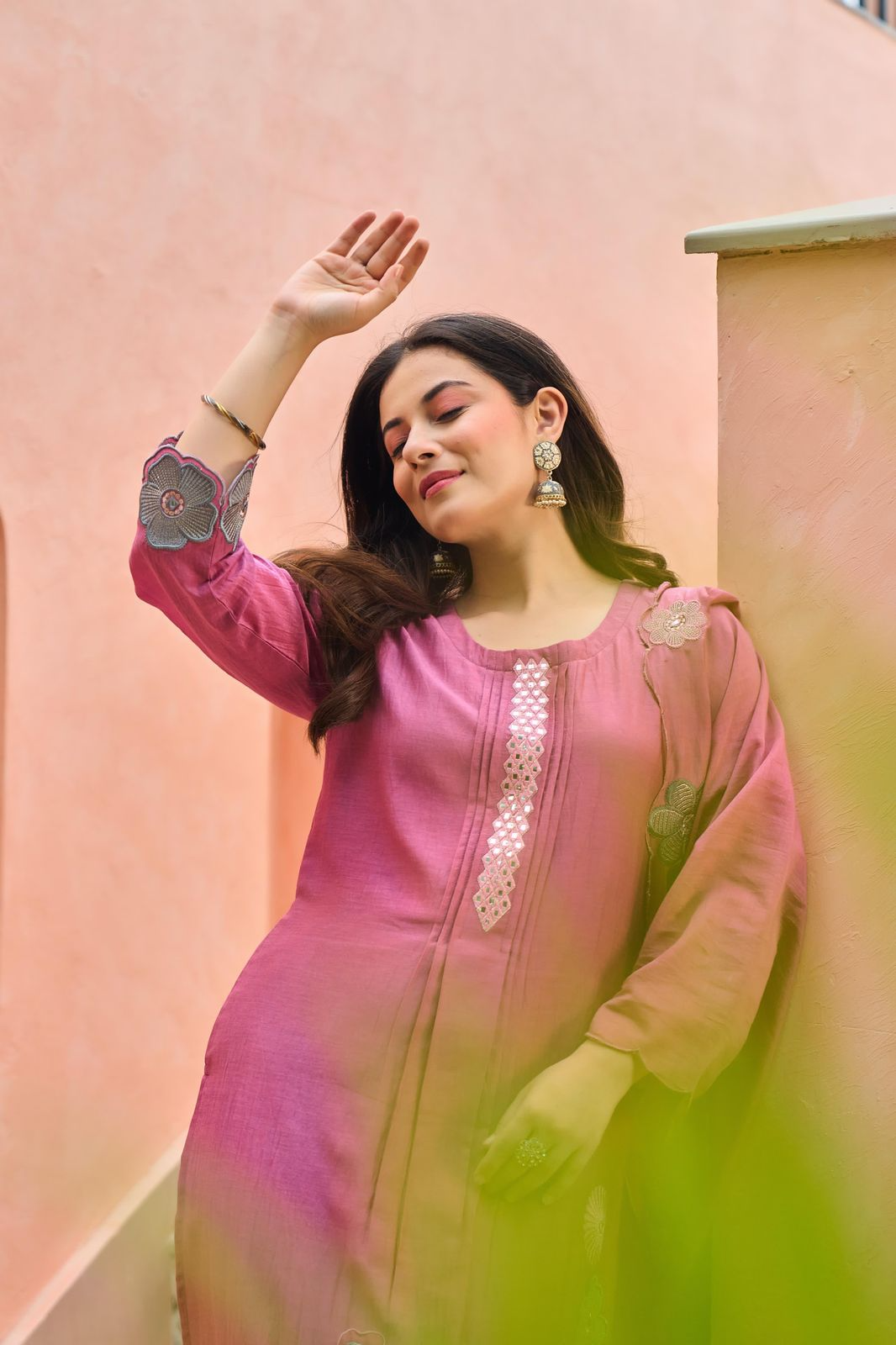 Rose Pink Mul Chanderi Kurta Set With Applique Work